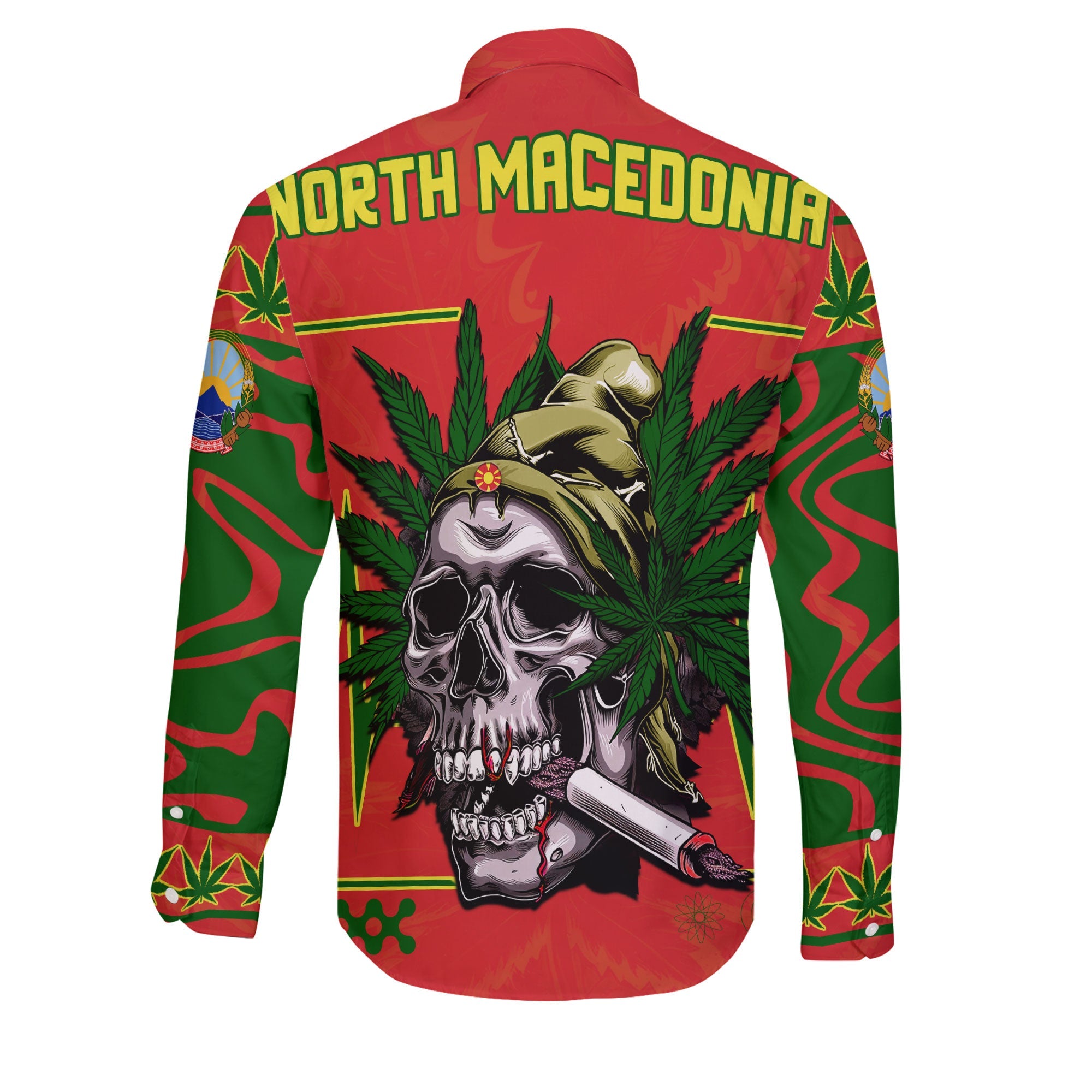 North Macedonia Long Sleeve Button Shirt Flag & Coat Of Arms Marijuanas Style