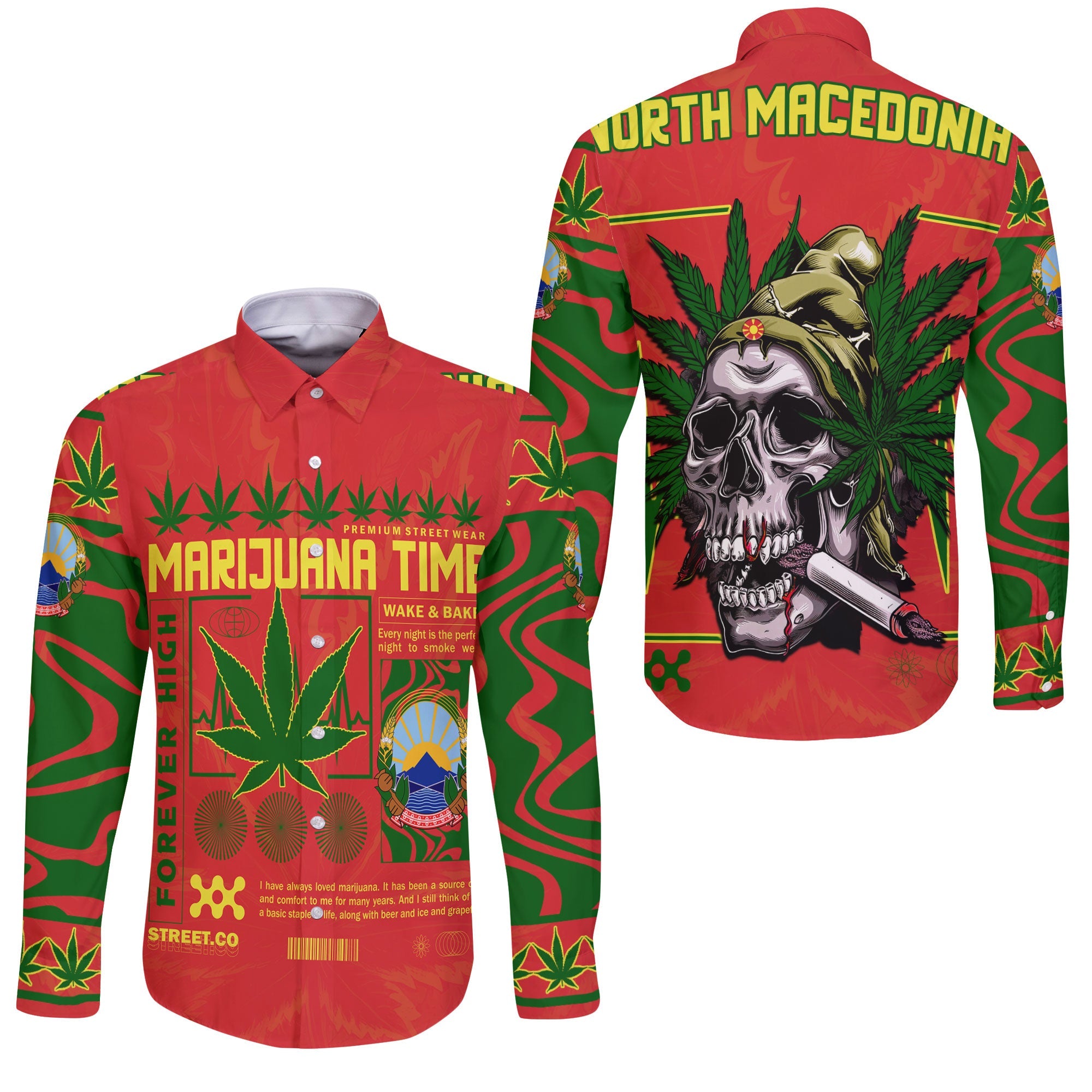 North Macedonia Long Sleeve Button Shirt Flag & Coat Of Arms Marijuanas Style