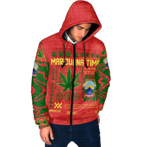 North Macedonia Men Hooded Padded Jacket Flag & Coat Of Arms Marijuanas Style