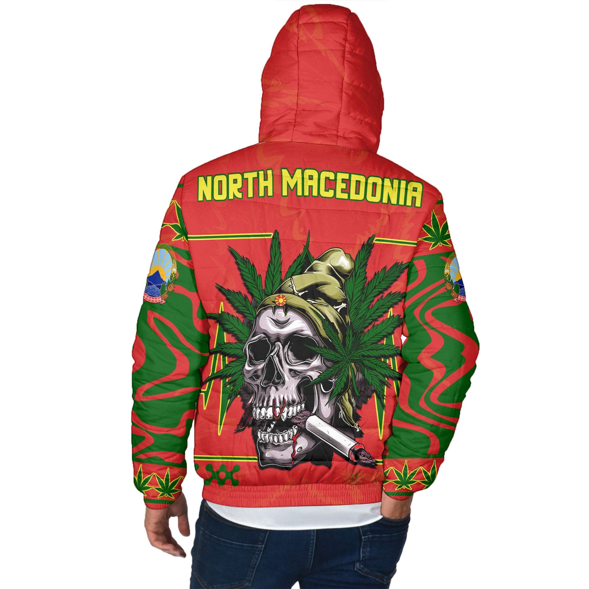 North Macedonia Men Hooded Padded Jacket Flag & Coat Of Arms Marijuanas Style