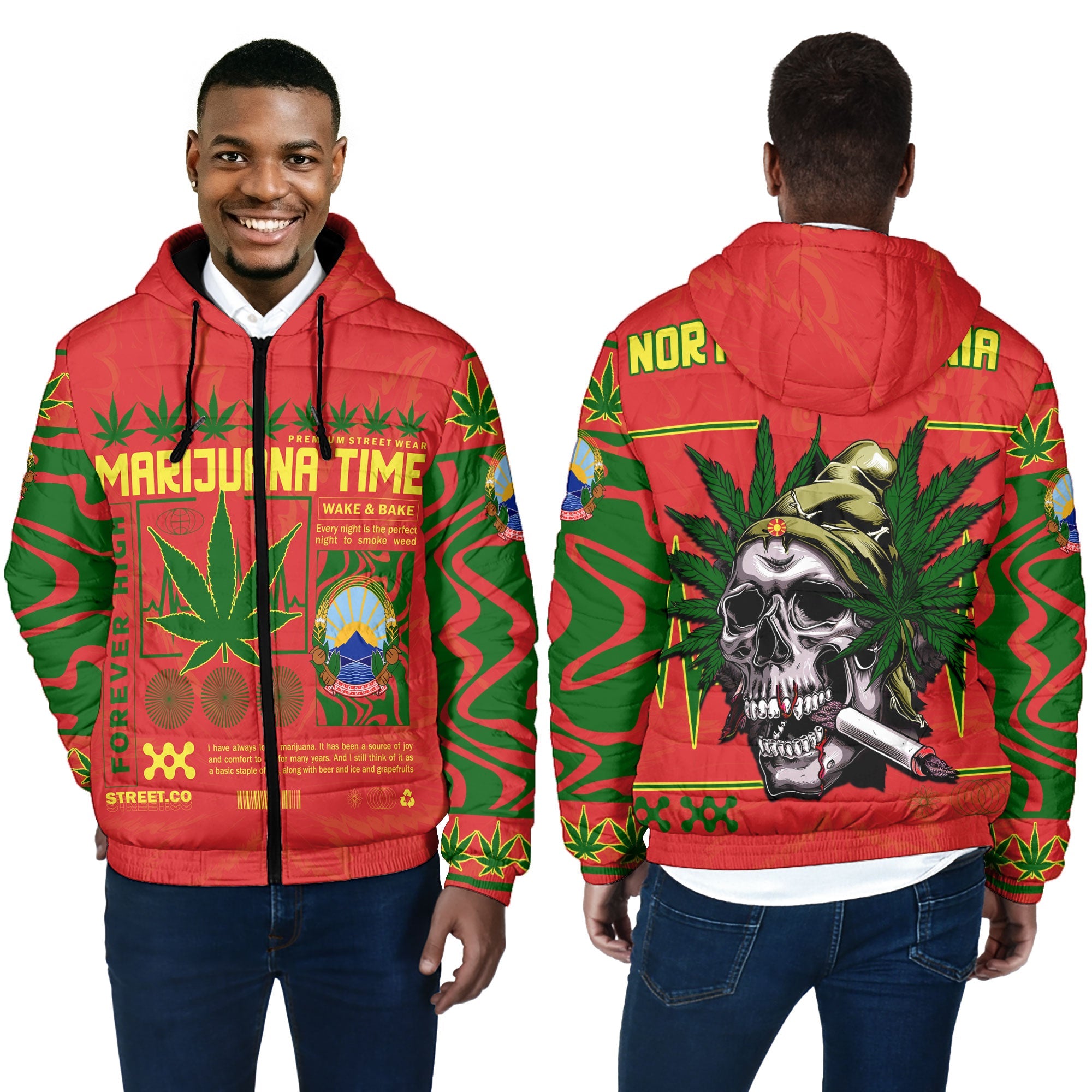 North Macedonia Men Hooded Padded Jacket Flag & Coat Of Arms Marijuanas Style