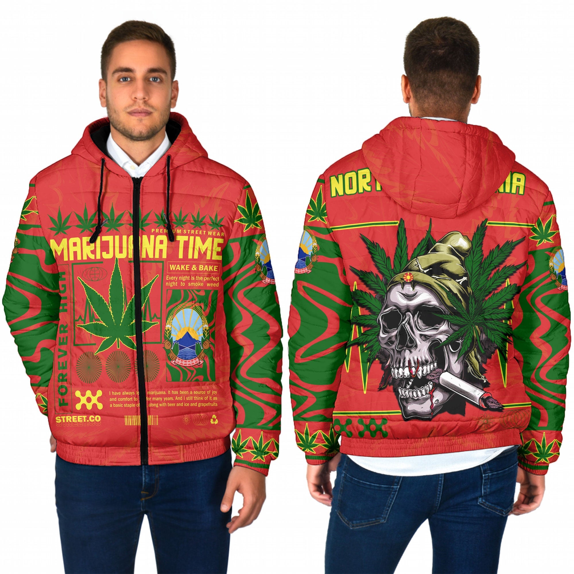 North Macedonia Men Hooded Padded Jacket Flag & Coat Of Arms Marijuanas Style