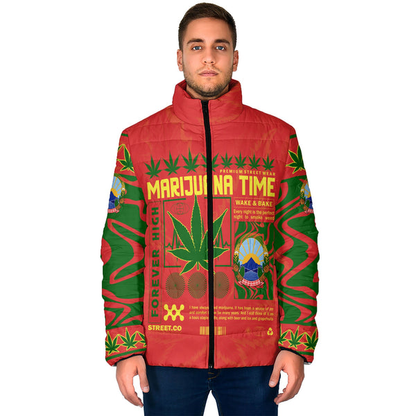 North Macedonia Men Padded Jacket Flag & Coat Of Arms Marijuanas Style