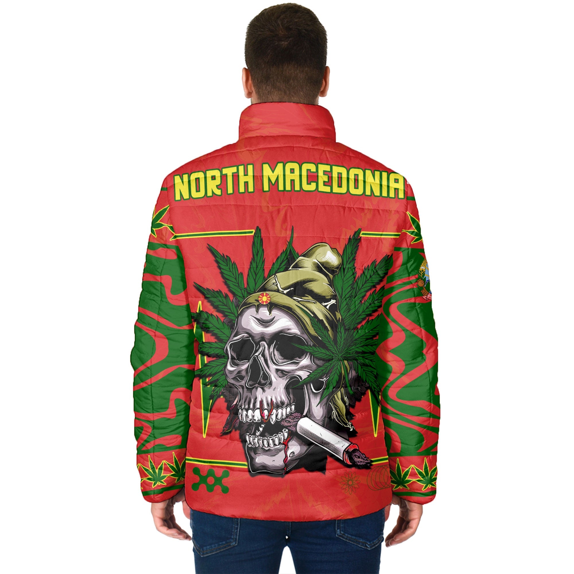 North Macedonia Men Padded Jacket Flag & Coat Of Arms Marijuanas Style