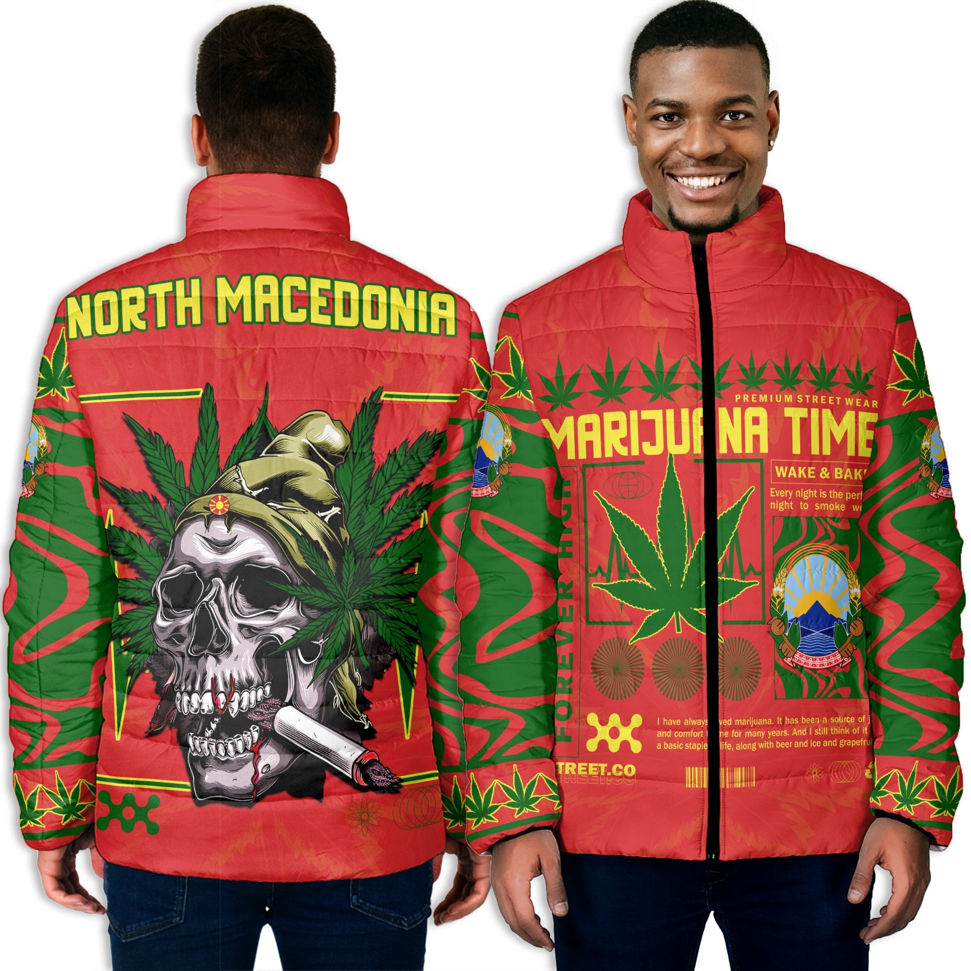 North Macedonia Men Padded Jacket Flag & Coat Of Arms Marijuanas Style