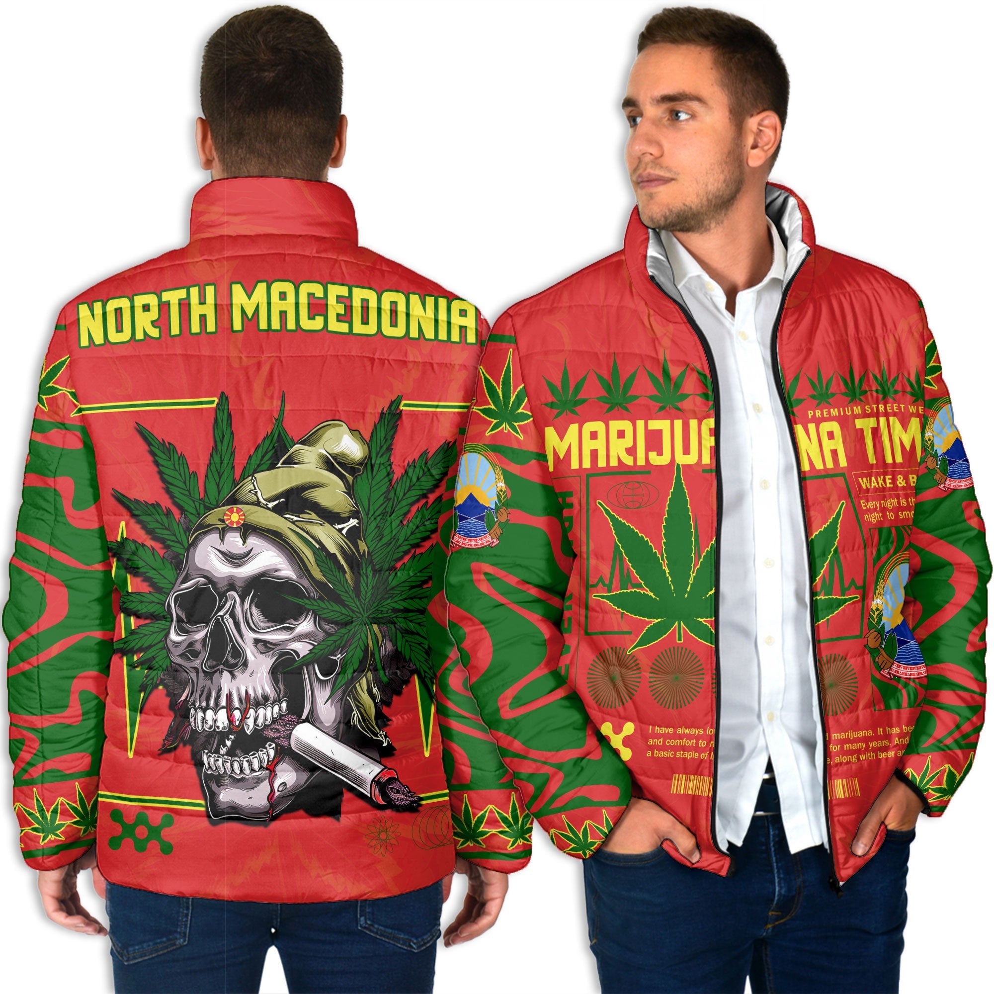 North Macedonia Men Padded Jacket Flag & Coat Of Arms Marijuanas Style