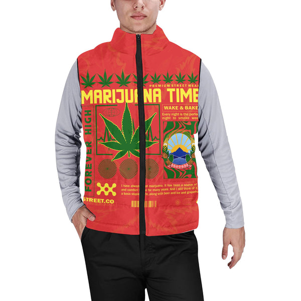 North Macedonia Men Padded Jacket Vest Flag & Coat Of Arms Marijuanas Style