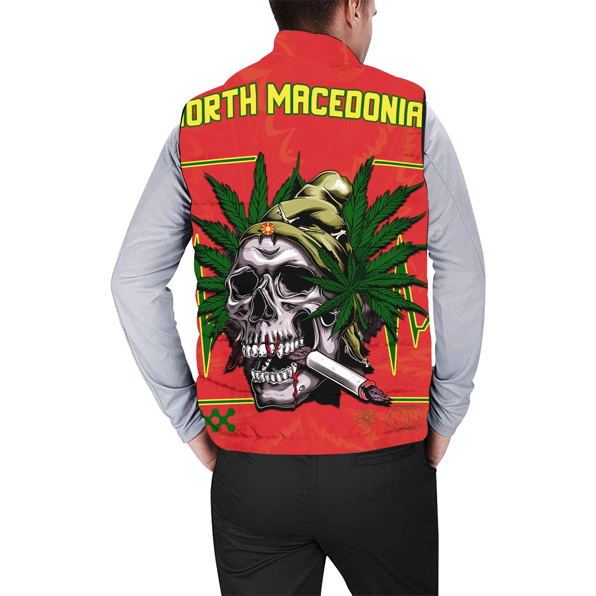 North Macedonia Men Padded Jacket Vest Flag & Coat Of Arms Marijuanas Style