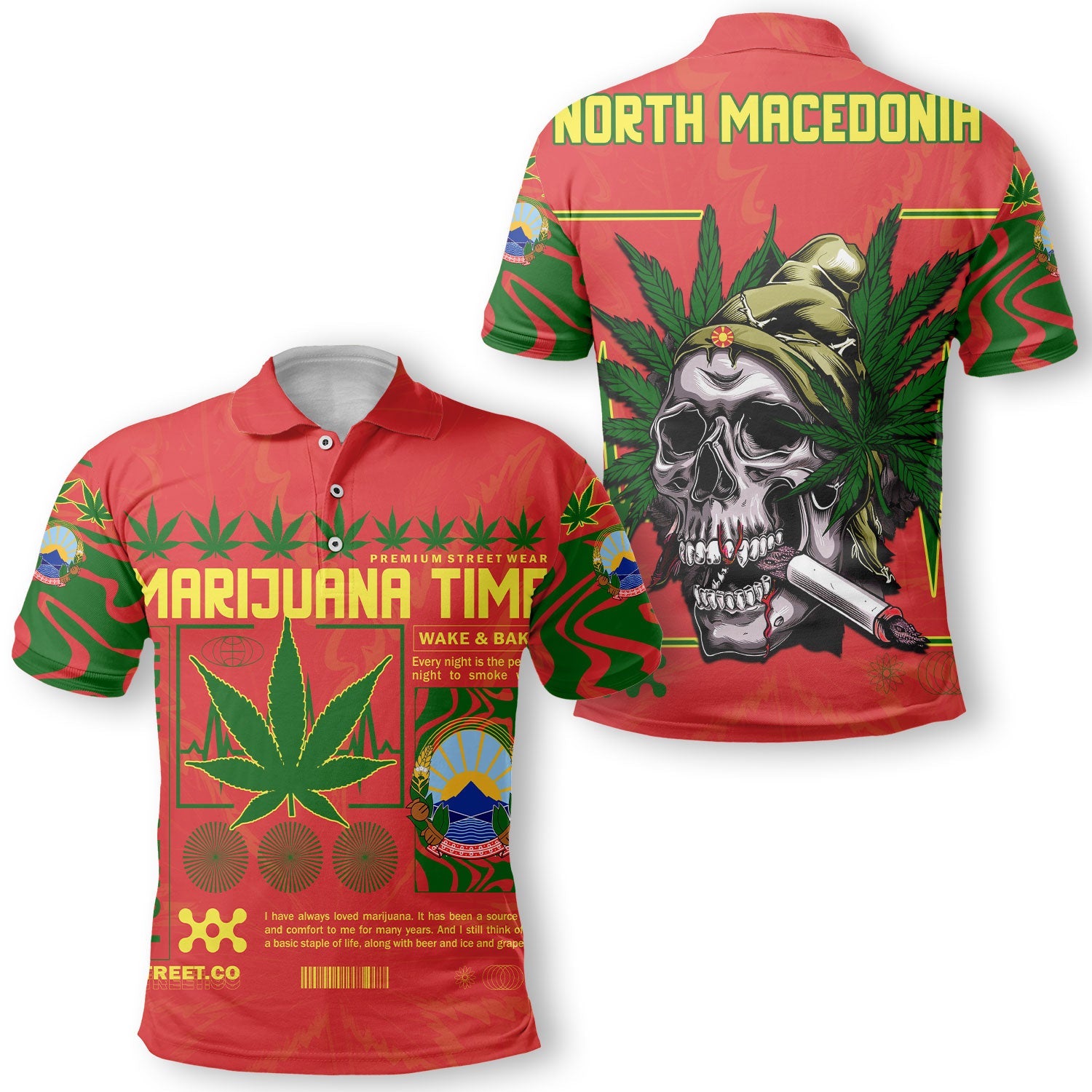 North Macedonia Polo Shirt Flag & Coat Of Arms Marijuanas Style