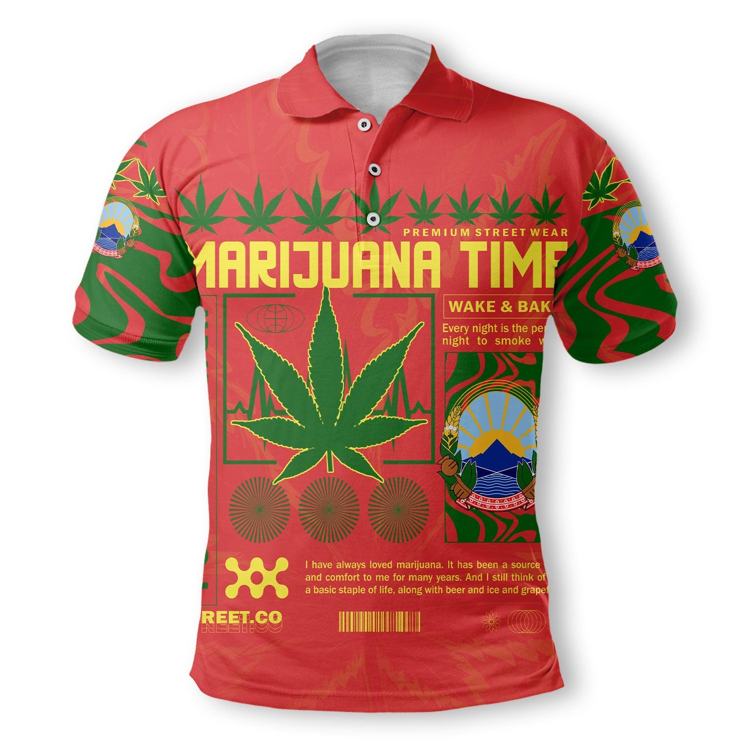 North Macedonia Polo Shirt Flag & Coat Of Arms Marijuanas Style