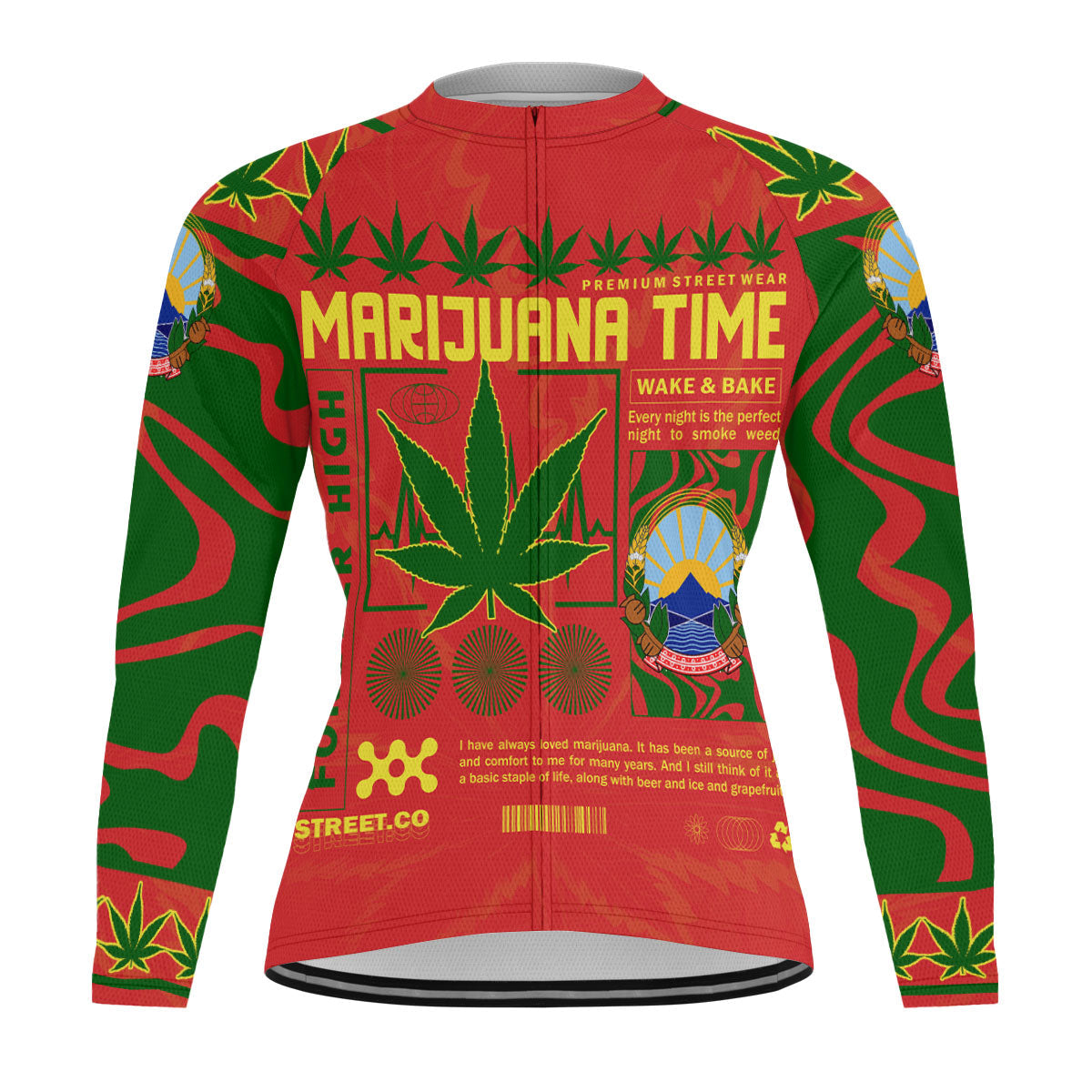 North Macedonia Men's Cycling Jersey Long Sleeve Flag & Coat Of Arms Marijuanas Style