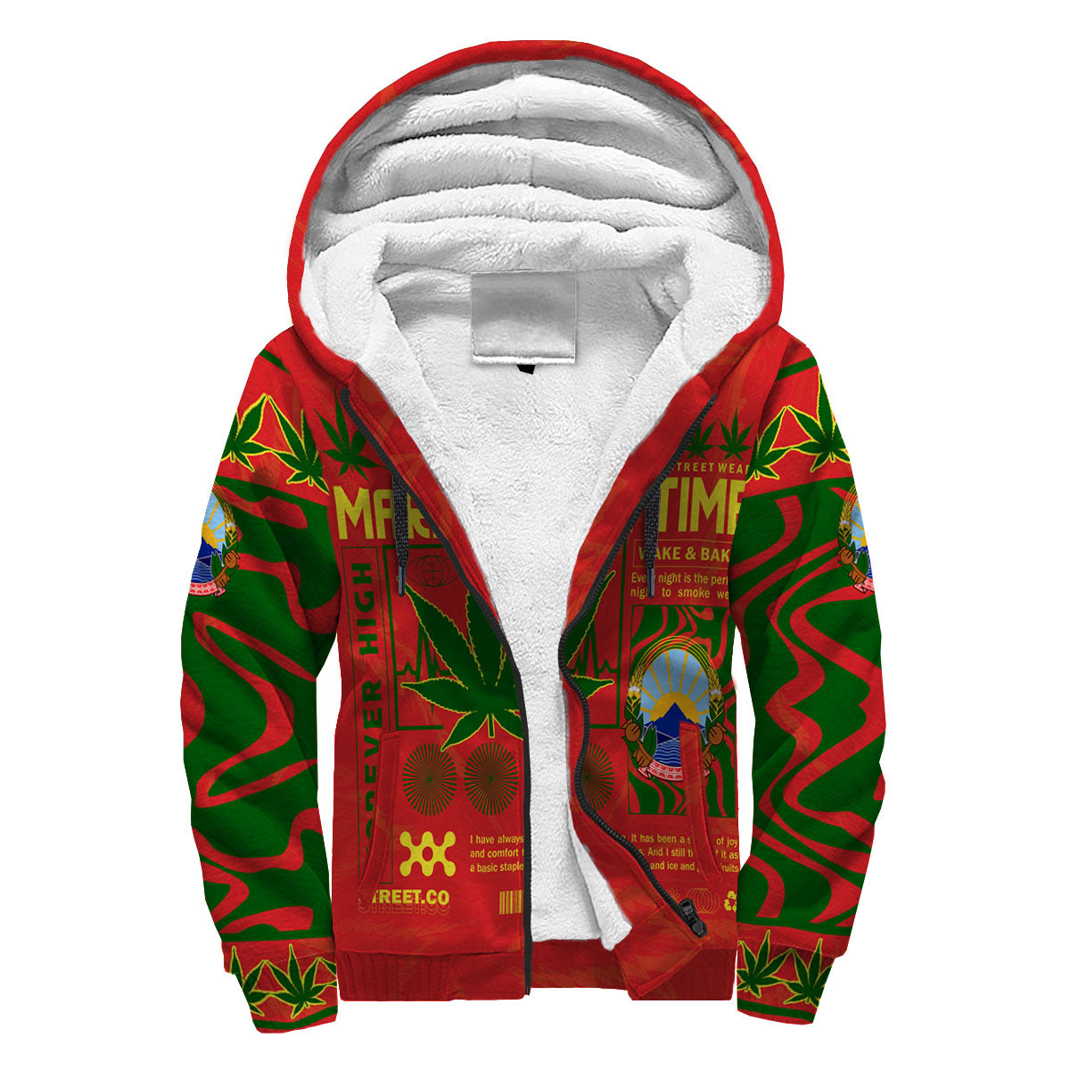 North Macedonia Sherpa Hoodie Flag & Coat Of Arms Marijuanas Style