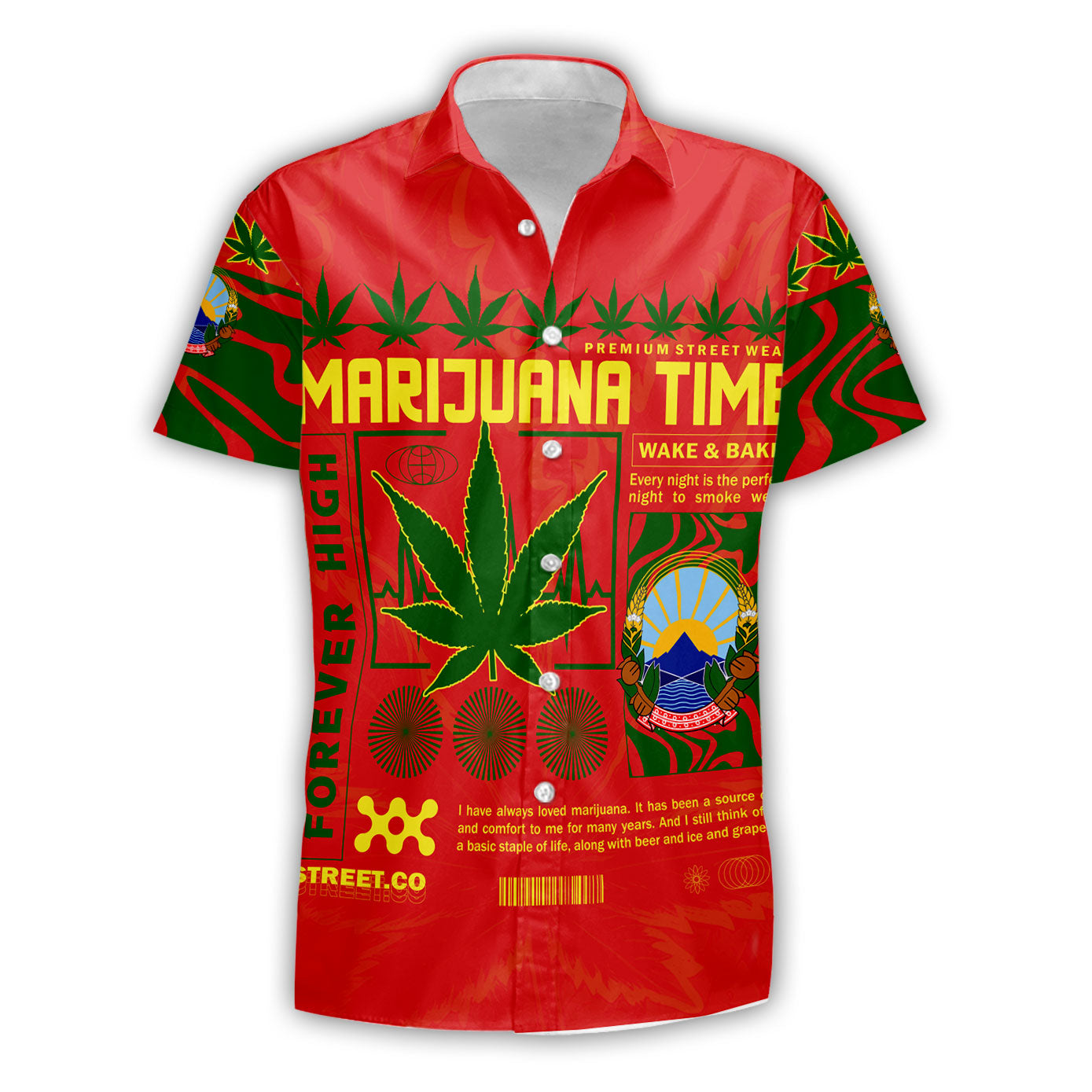 North Macedonia Short Sleeve Shirt Flag & Coat Of Arms Marijuanas Style