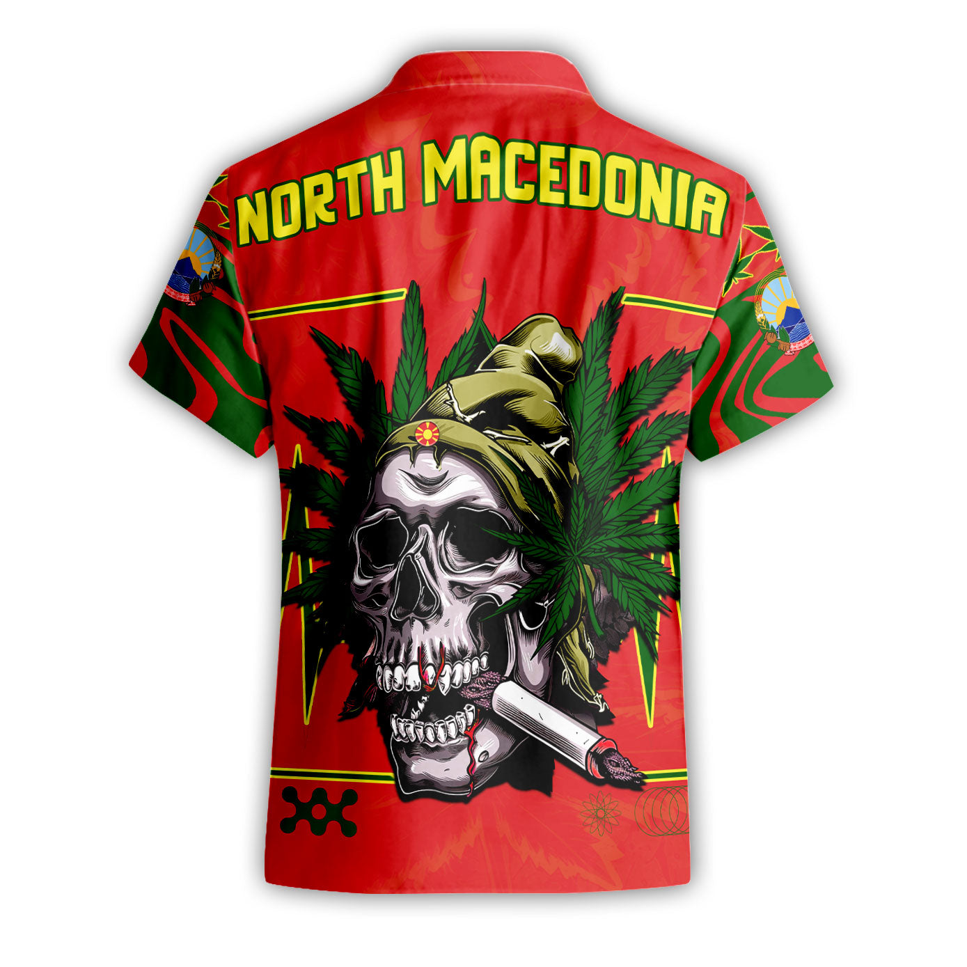 North Macedonia Short Sleeve Shirt Flag & Coat Of Arms Marijuanas Style