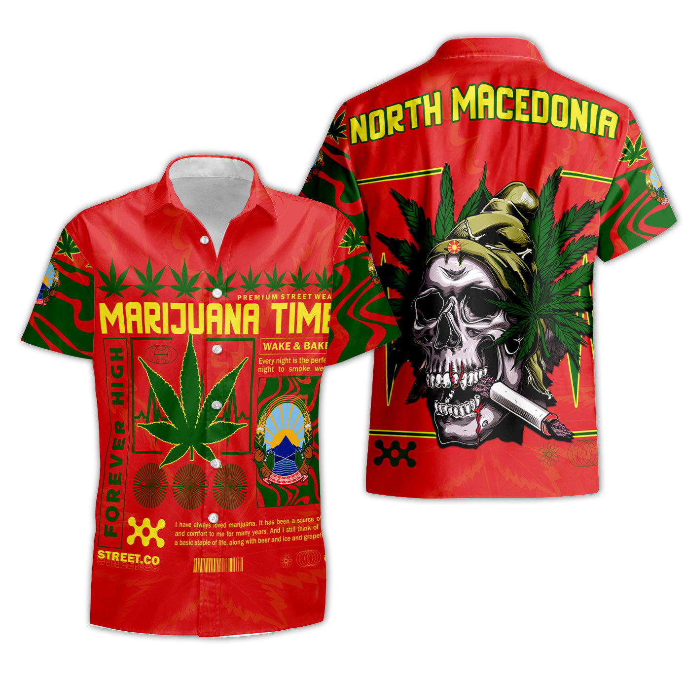 North Macedonia Short Sleeve Shirt Flag & Coat Of Arms Marijuanas Style