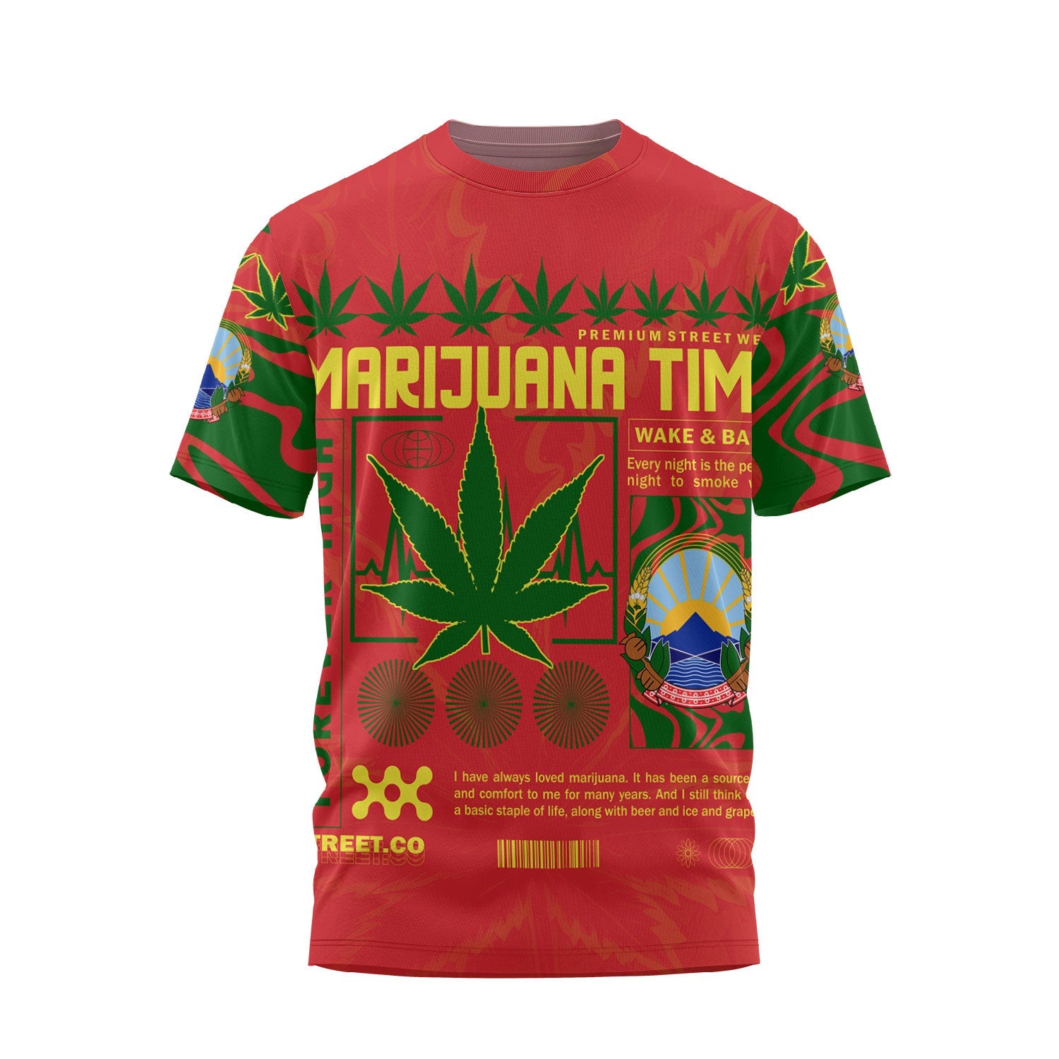 North Macedonia T Shirt Flag & Coat Of Arms Marijuanas Style