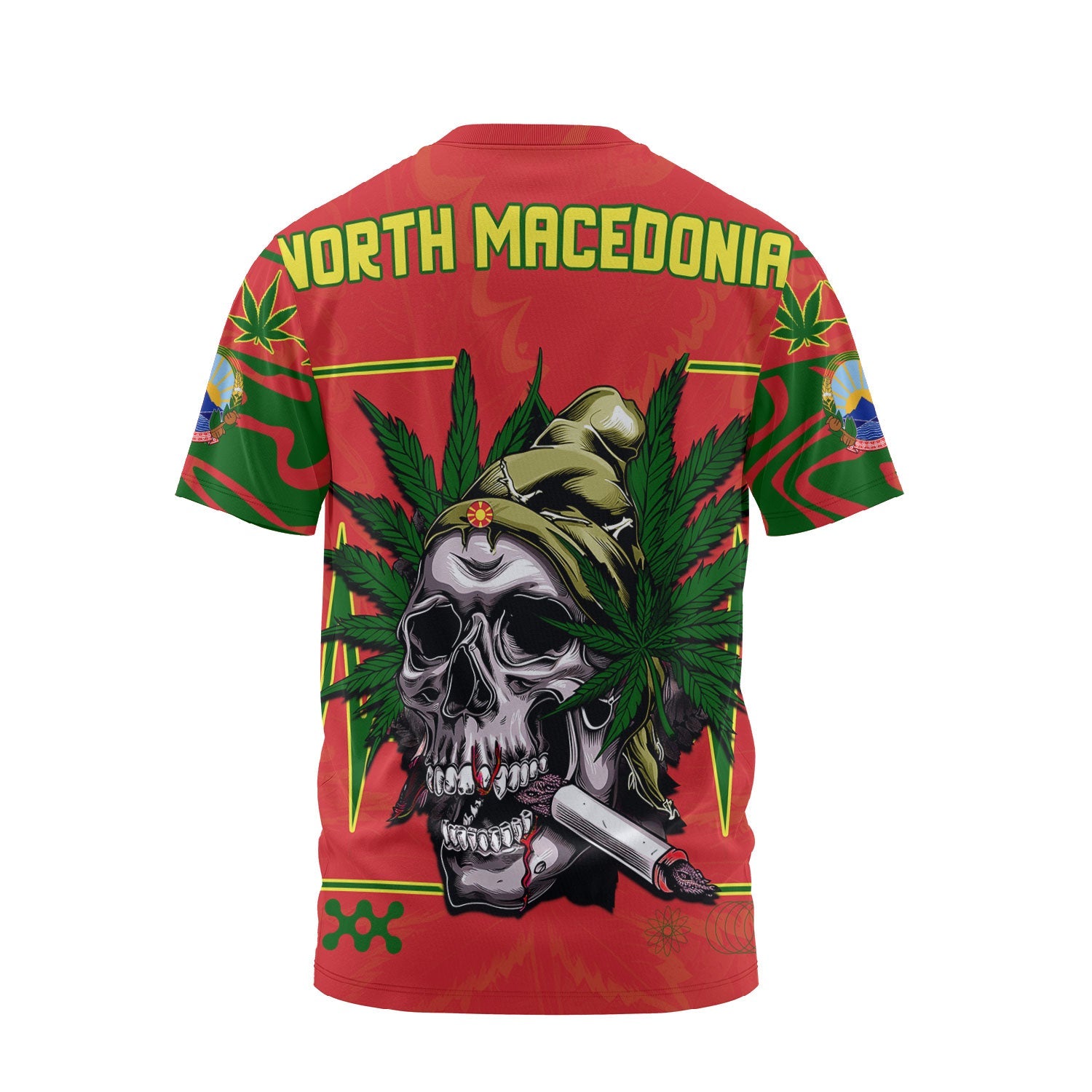 North Macedonia T Shirt Flag & Coat Of Arms Marijuanas Style