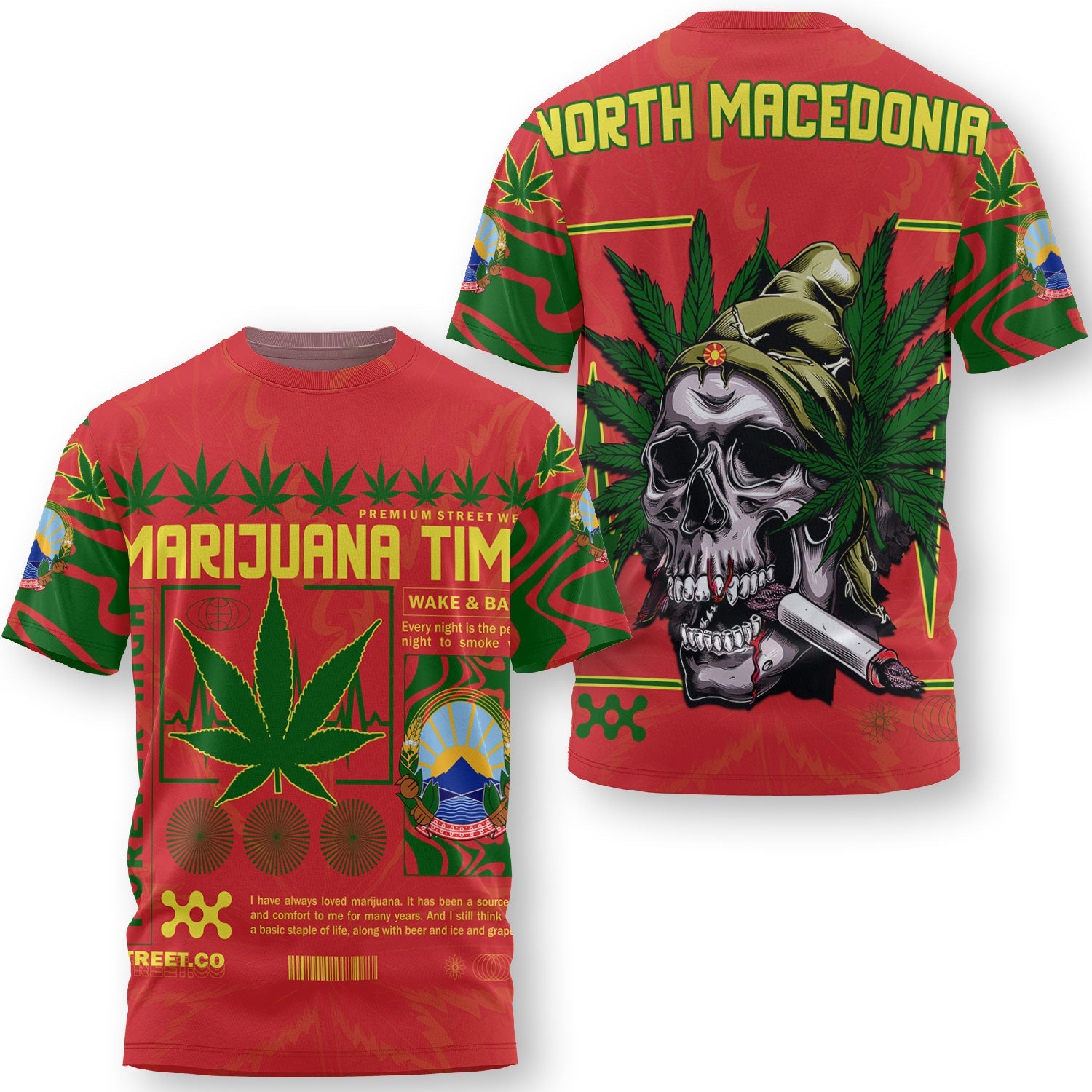 North Macedonia T Shirt Flag & Coat Of Arms Marijuanas Style