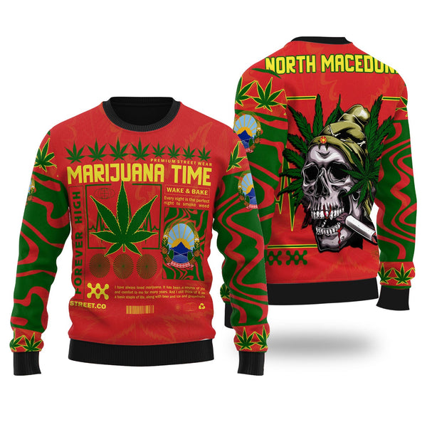 North Macedonia Ugly Sweater Flag & Coat Of Arms Marijuanas Style