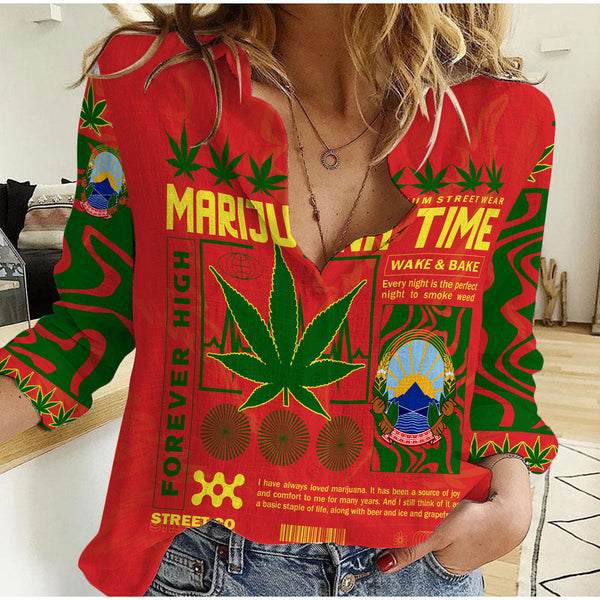 North Macedonia Women Casual Shirt Flag & Coat Of Arms Marijuanas Style