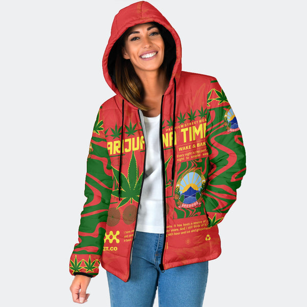 North Macedonia Women Hooded Padded Jacket Flag & Coat Of Arms Marijuanas Style