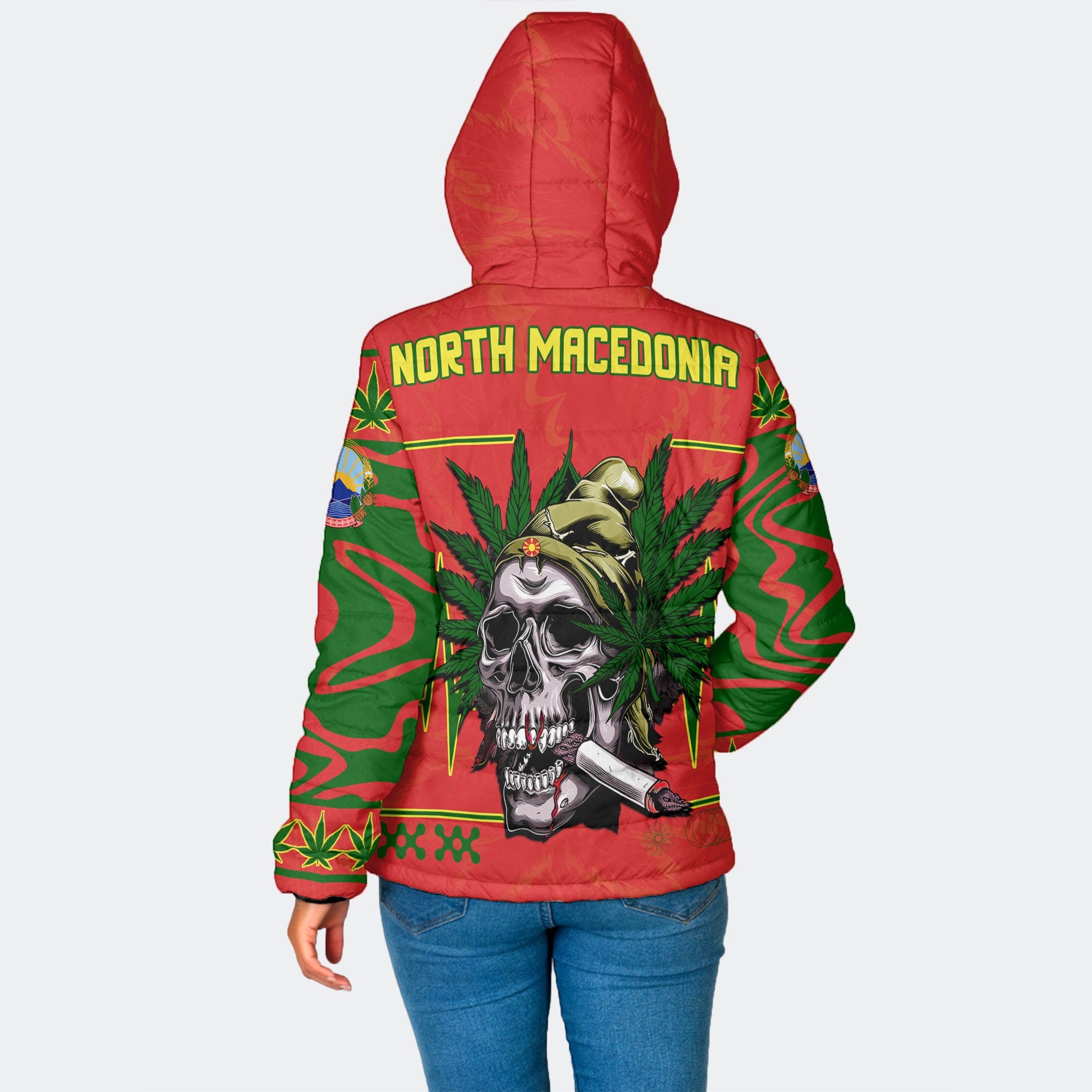 North Macedonia Women Hooded Padded Jacket Flag & Coat Of Arms Marijuanas Style