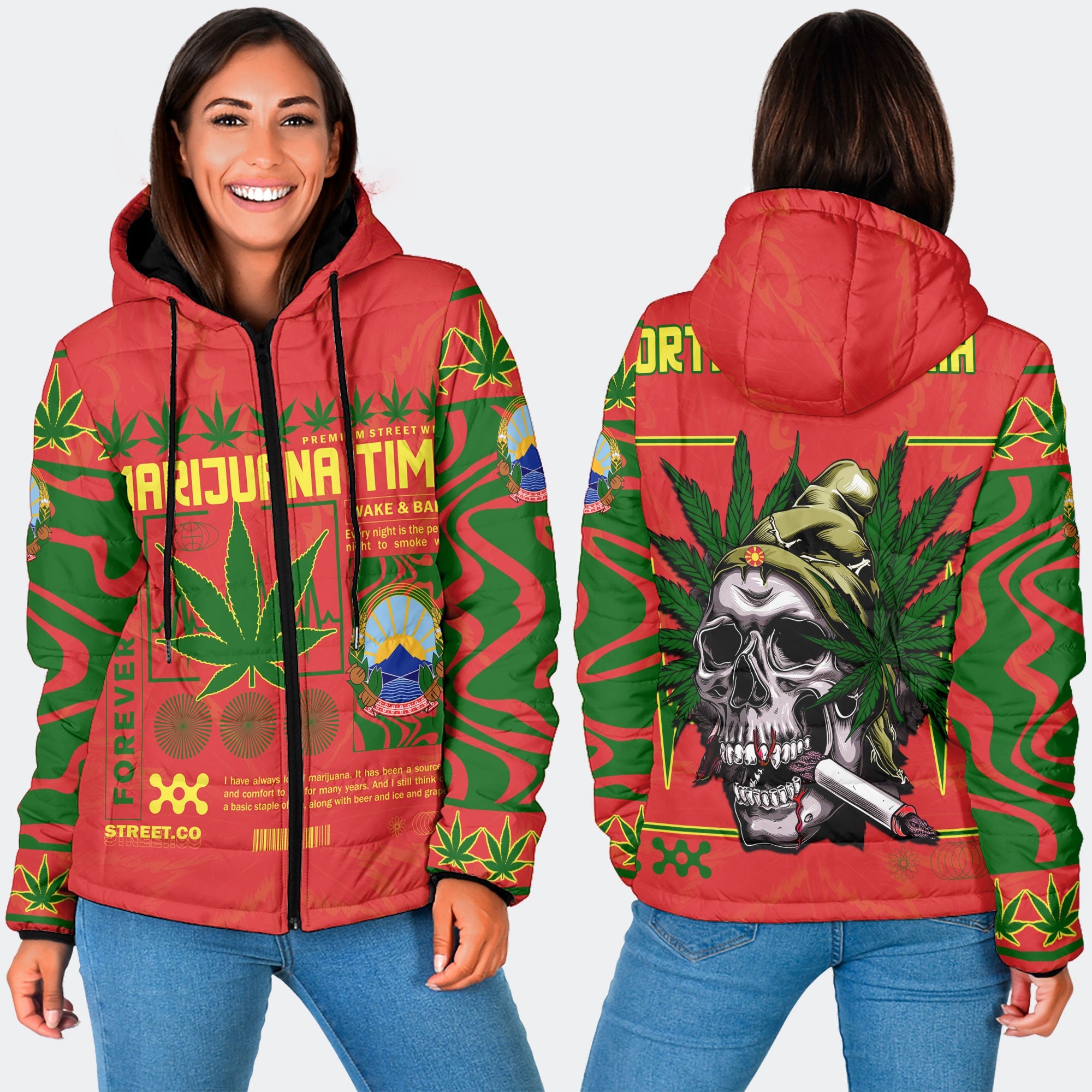 North Macedonia Women Hooded Padded Jacket Flag & Coat Of Arms Marijuanas Style