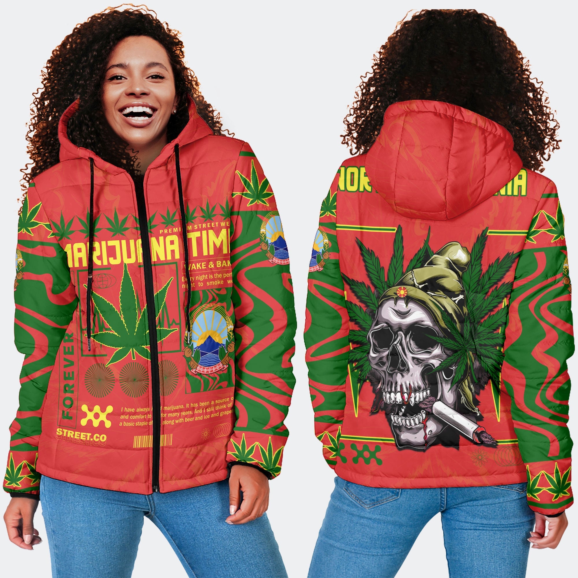 North Macedonia Women Hooded Padded Jacket Flag & Coat Of Arms Marijuanas Style