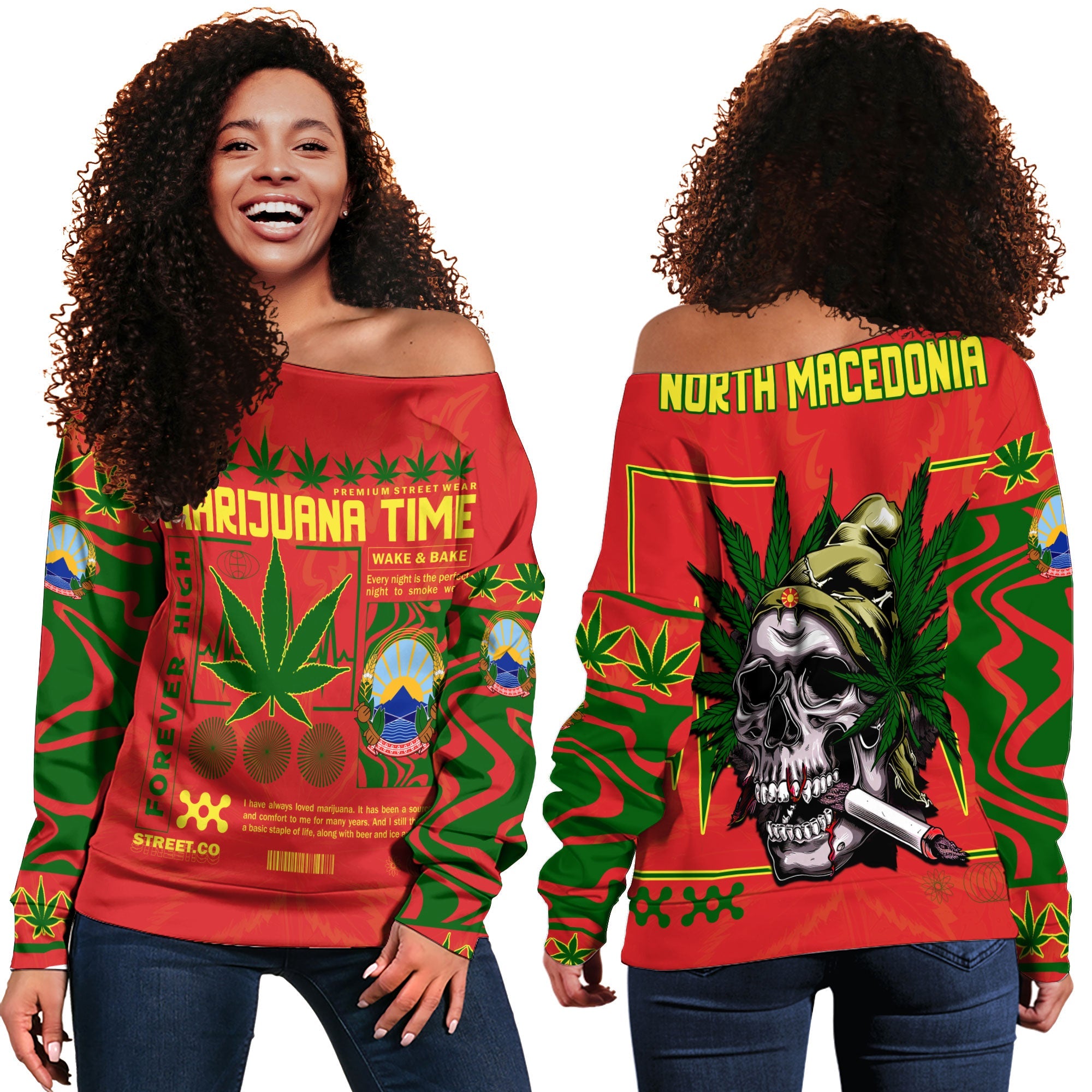 North Macedonia Women Off Shoulder Sweatshirt Flag & Coat Of Arms Marijuanas Style