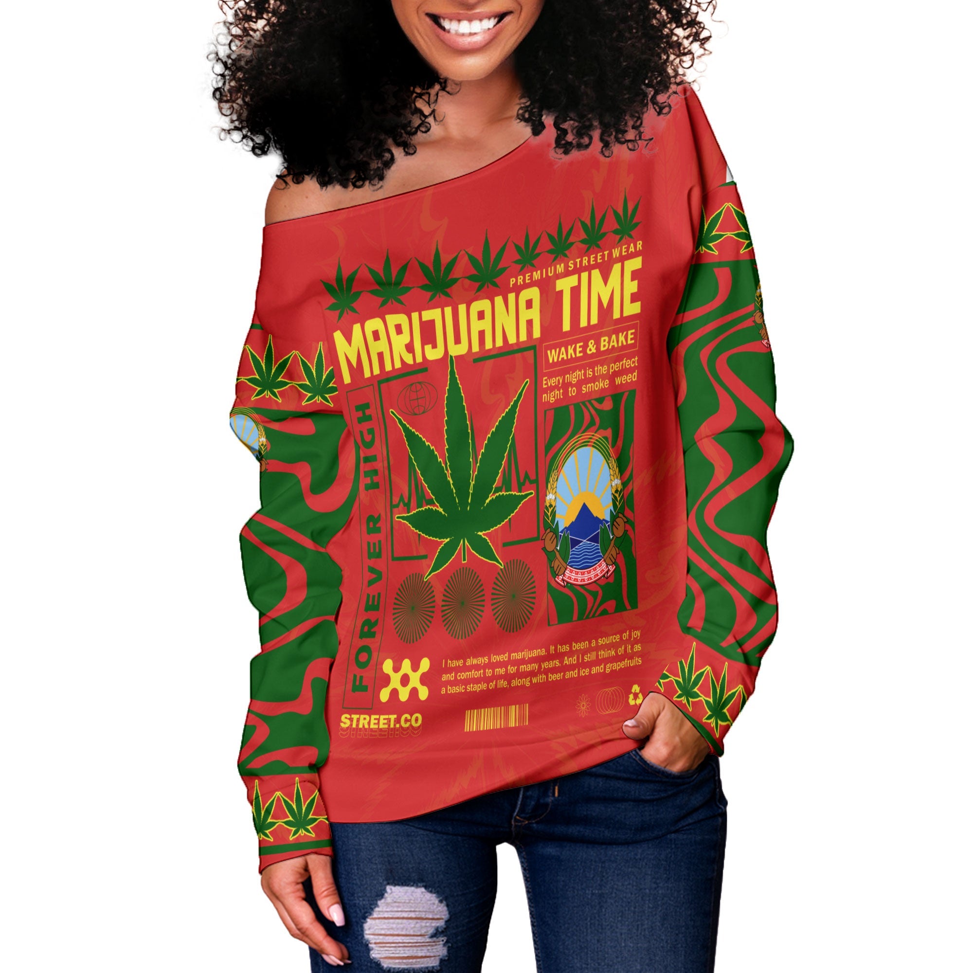 North Macedonia Women Off Shoulder Sweatshirt Flag & Coat Of Arms Marijuanas Style