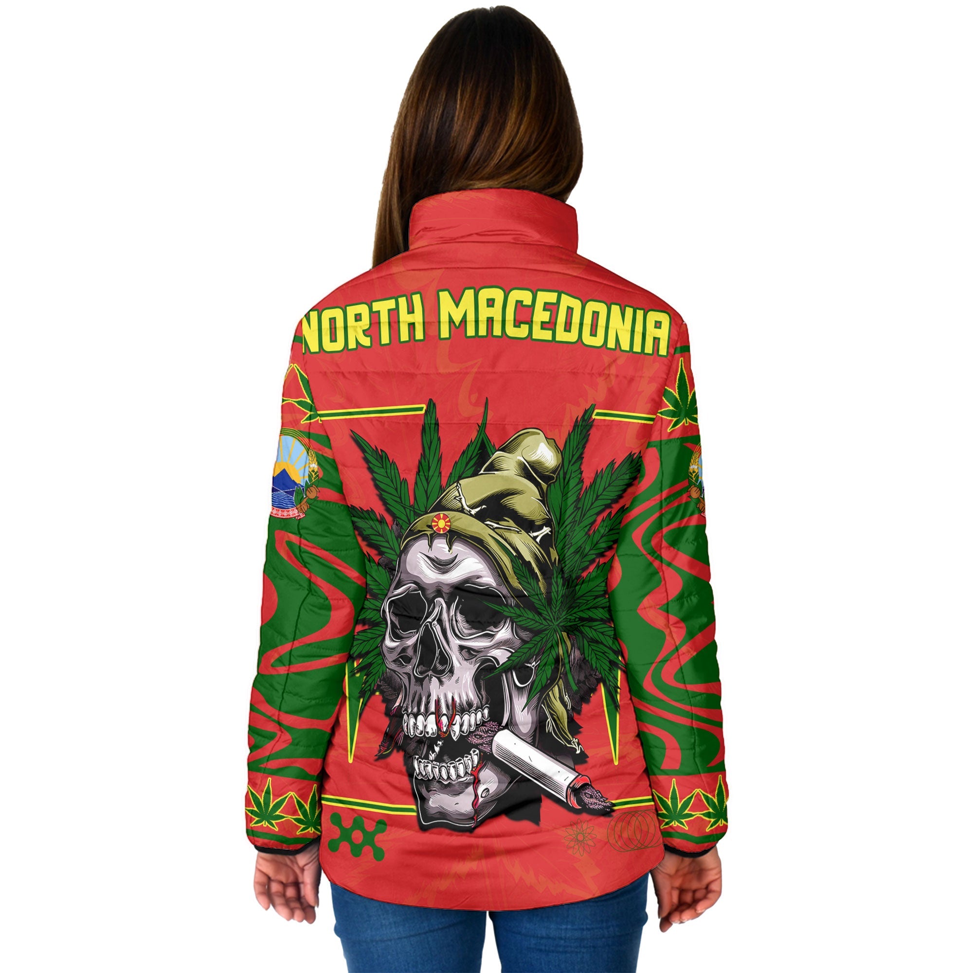 North Macedonia Women Padded Jacket Flag & Coat Of Arms Marijuanas Style