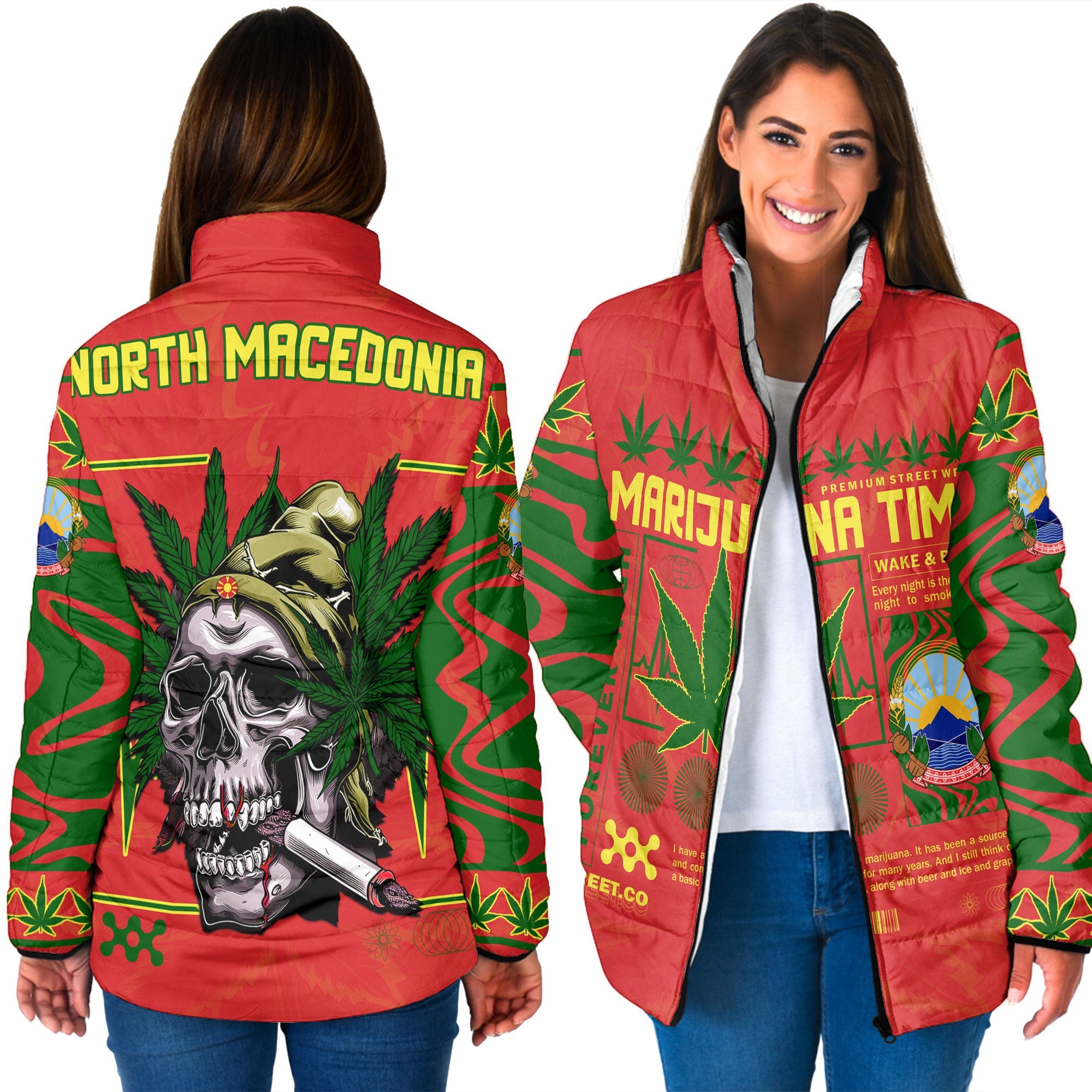 North Macedonia Women Padded Jacket Flag & Coat Of Arms Marijuanas Style