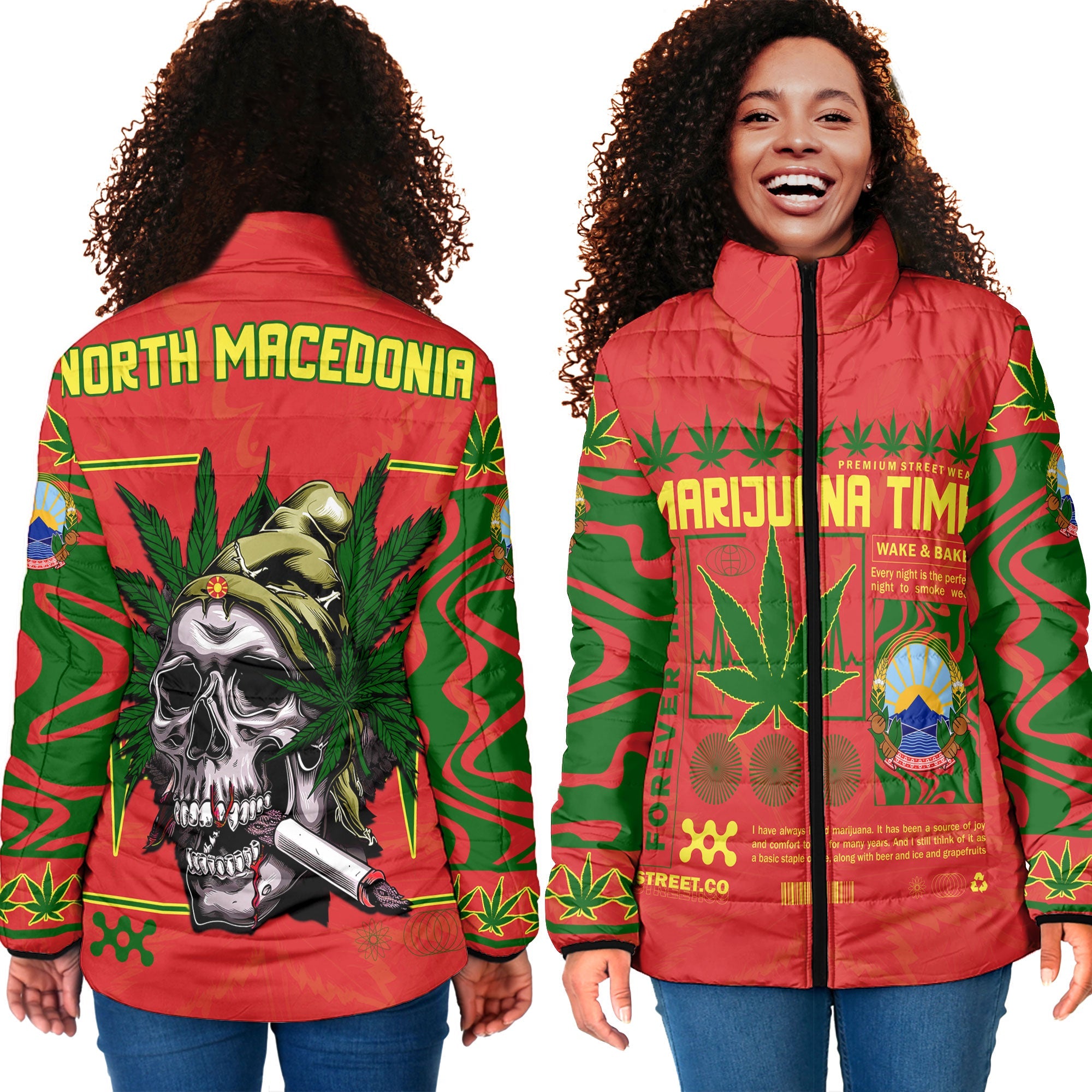 North Macedonia Women Padded Jacket Flag & Coat Of Arms Marijuanas Style