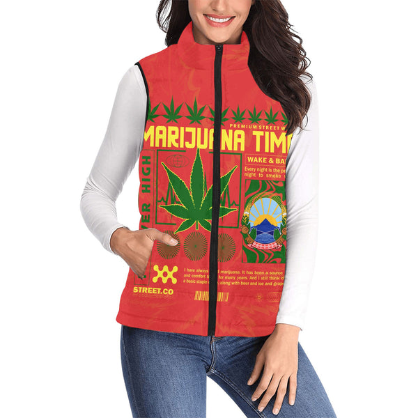 North Macedonia Women Padded Jacket Vest Flag & Coat Of Arms Marijuanas Style