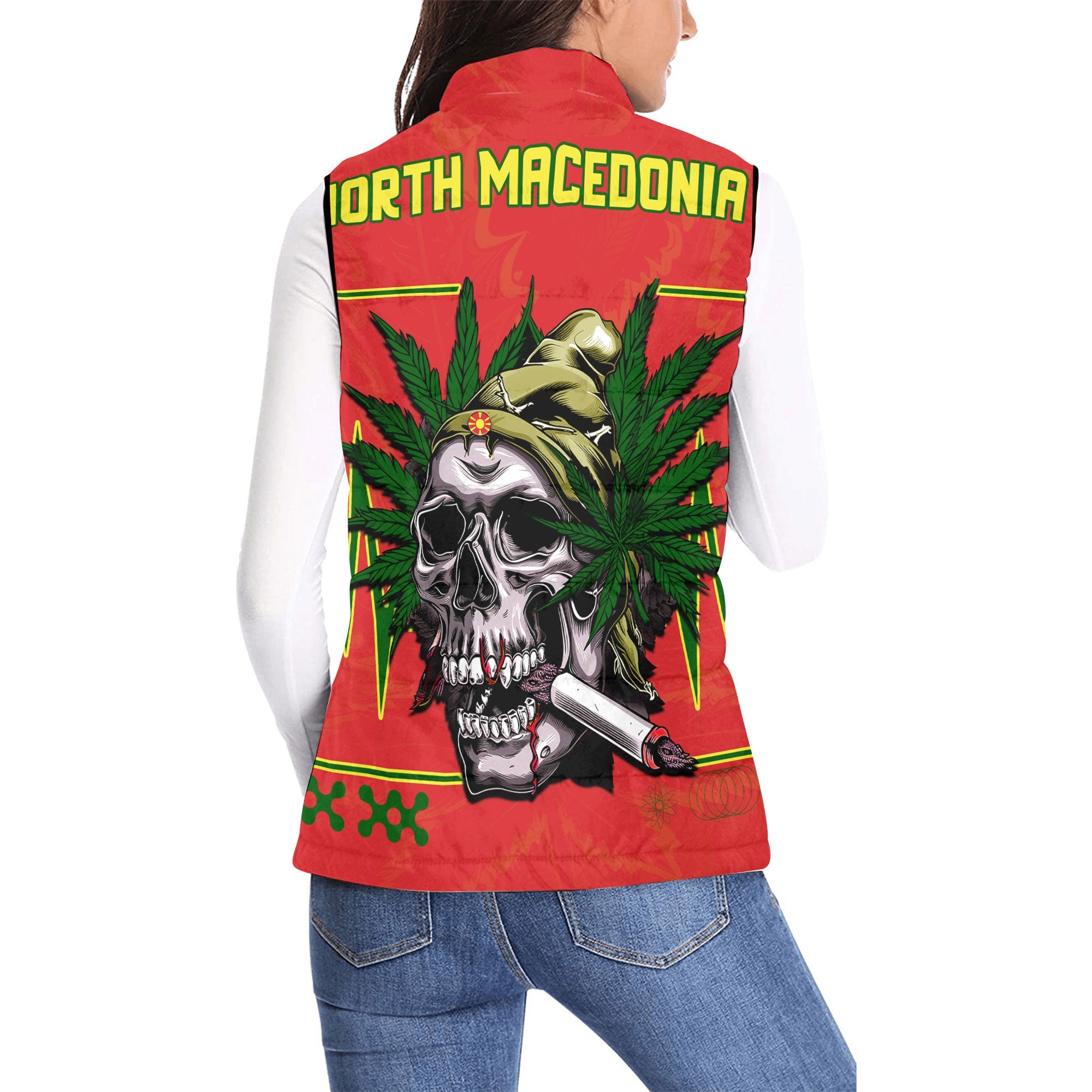 North Macedonia Women Padded Jacket Vest Flag & Coat Of Arms Marijuanas Style