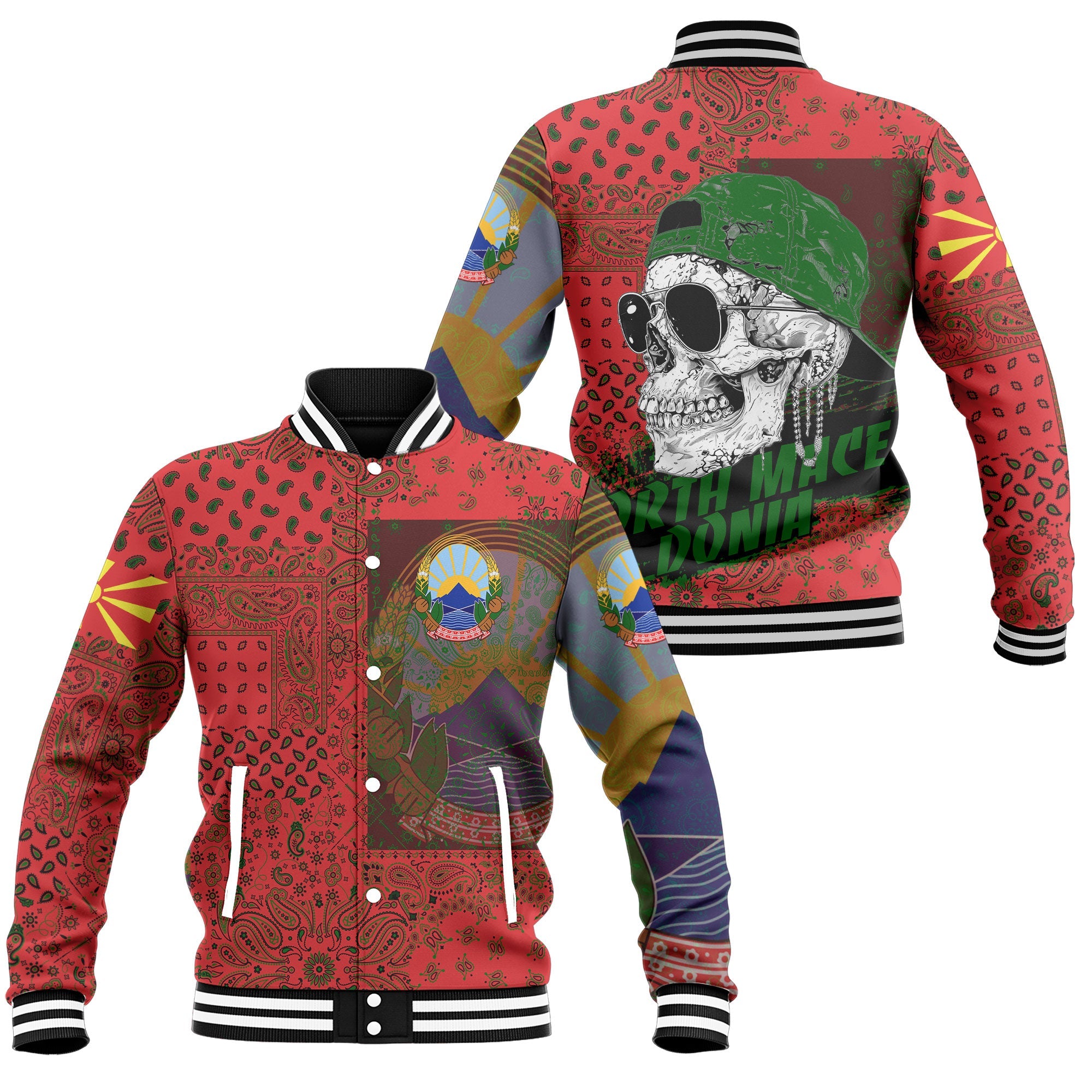 North Macedonia Baseball Jacket Paisley Flag And Skull Style 1