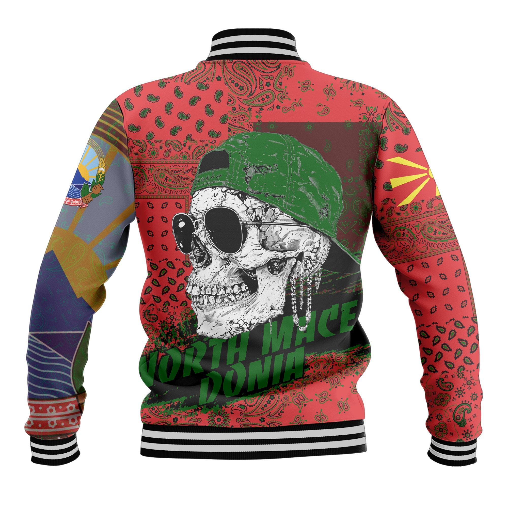 North Macedonia Baseball Jacket Paisley Flag And Skull Style 3