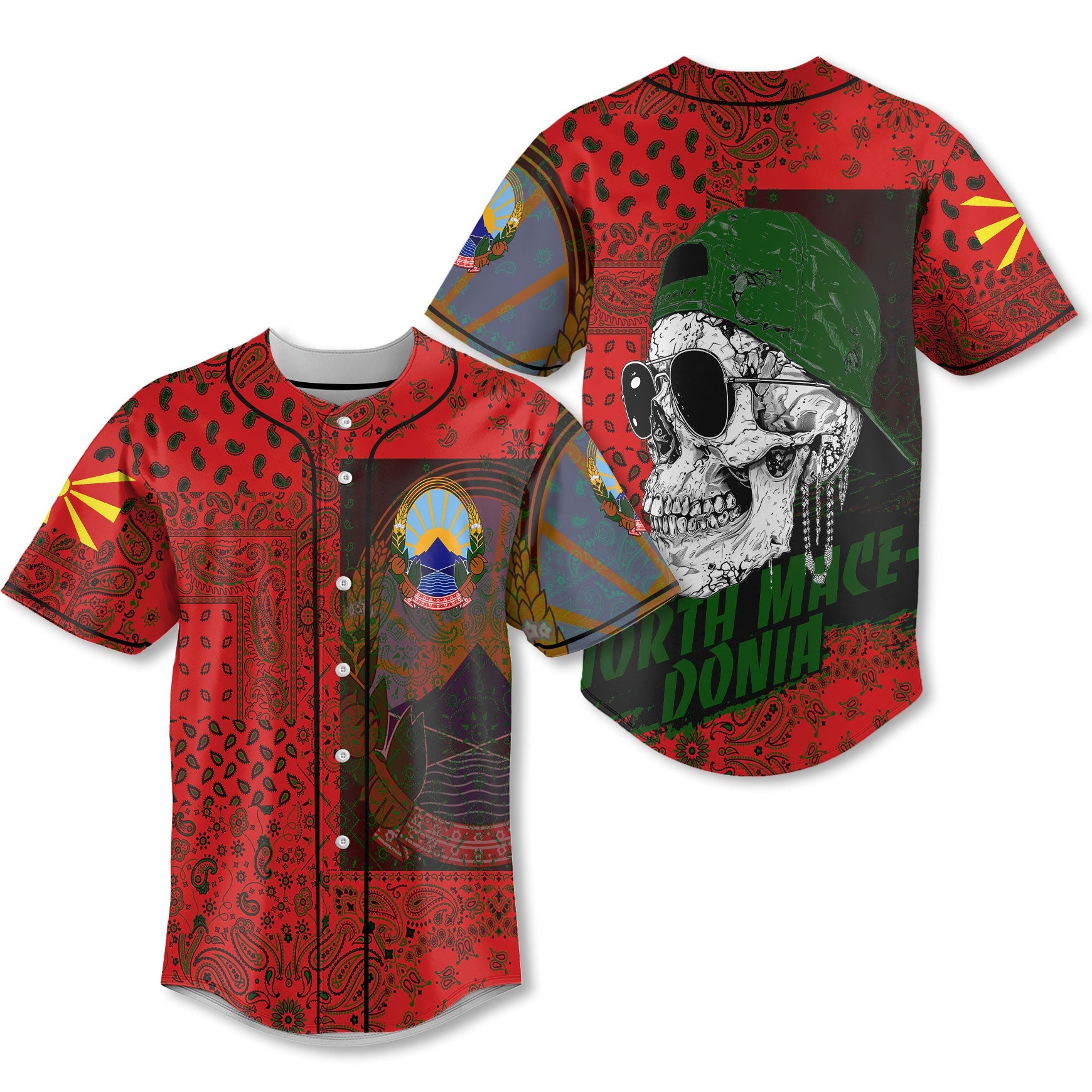 North Macedonia Baseball Jersey Paisley Flag And Skull Style 1