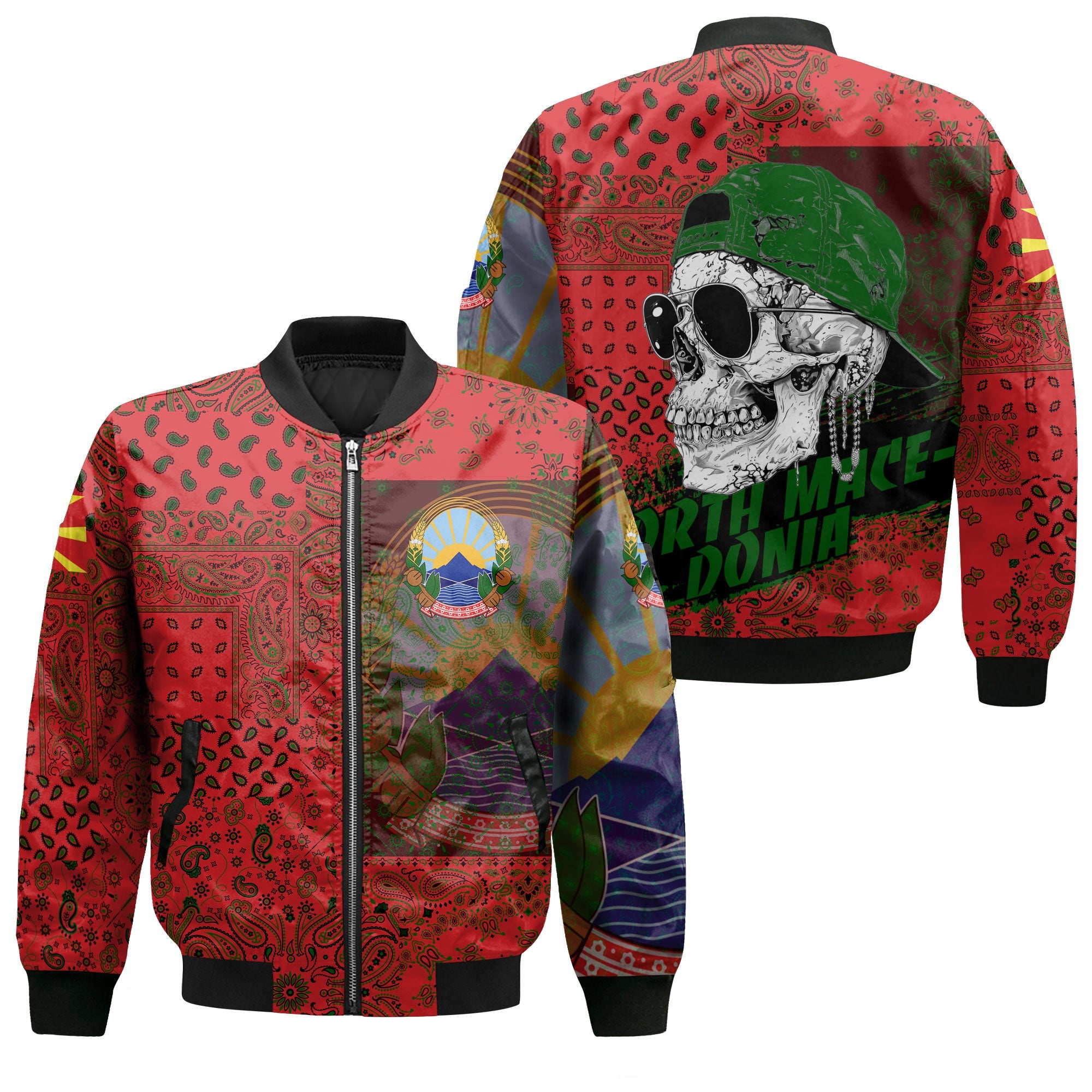 North Macedonia Bomber Jacket Paisley Flag And Skull Style 1