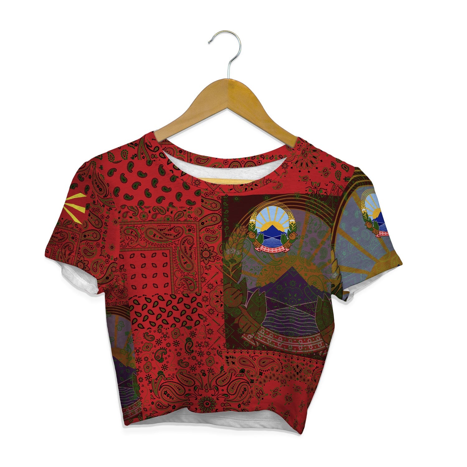 North Macedonia Croptop T Shirt Paisley Flag And Skull Style 1