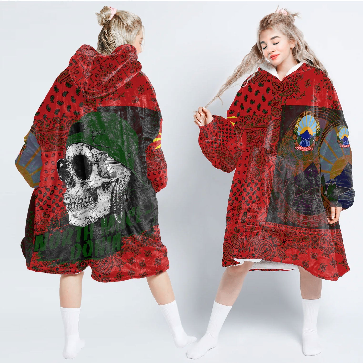 North Macedonia Hoodie Blanket Paisley Flag And Skull Style 1