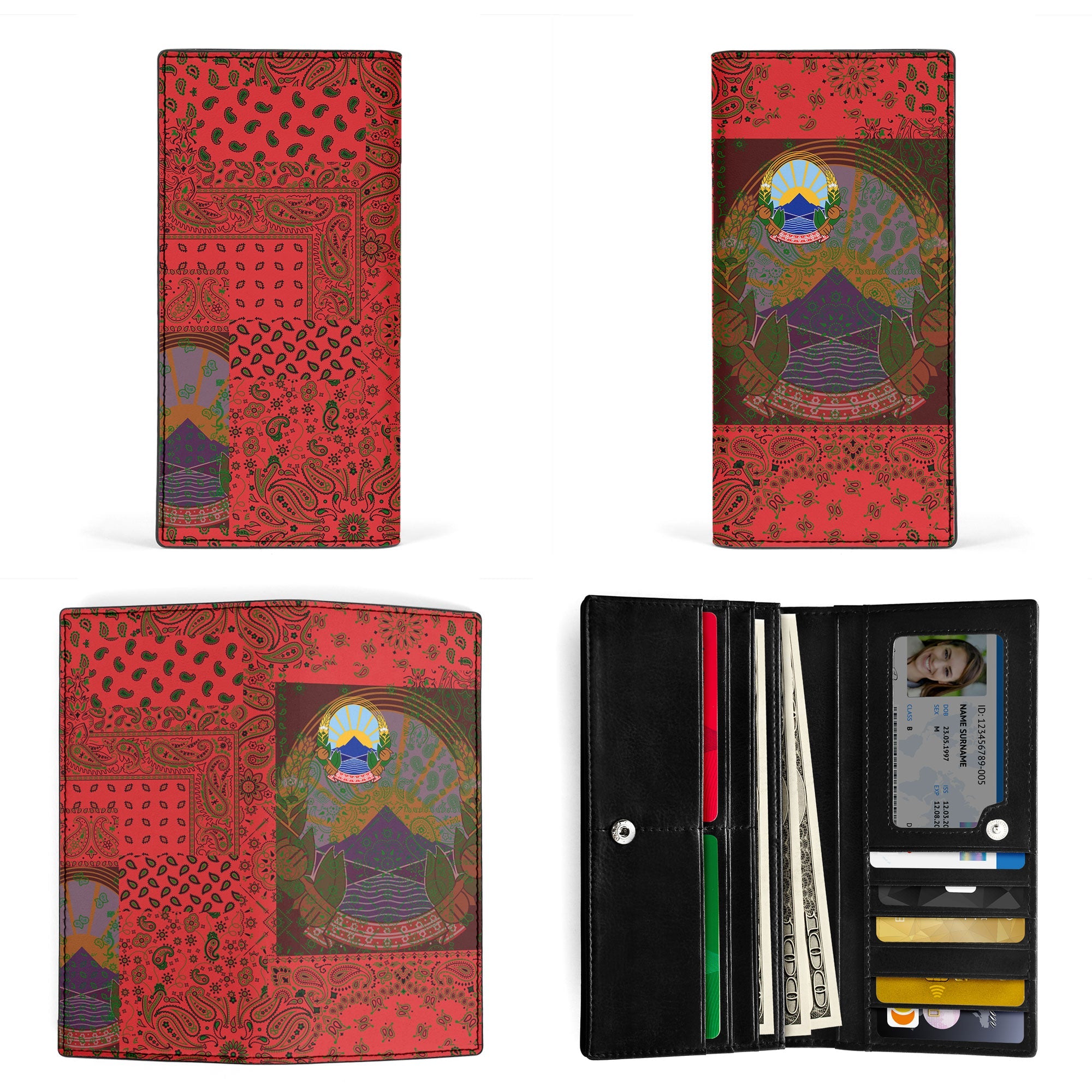 North Macedonia Leather Wallet Paisley Flag And Skull Style 3