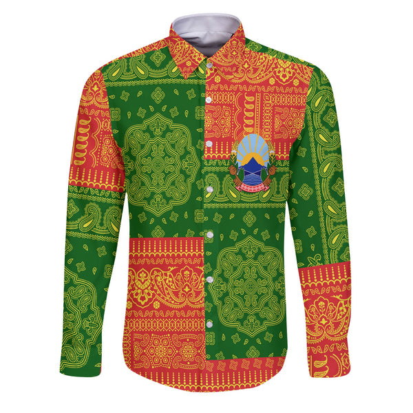 North Macedonia Long Sleeve Button Shirt Flag And Paisley Basic Style 1