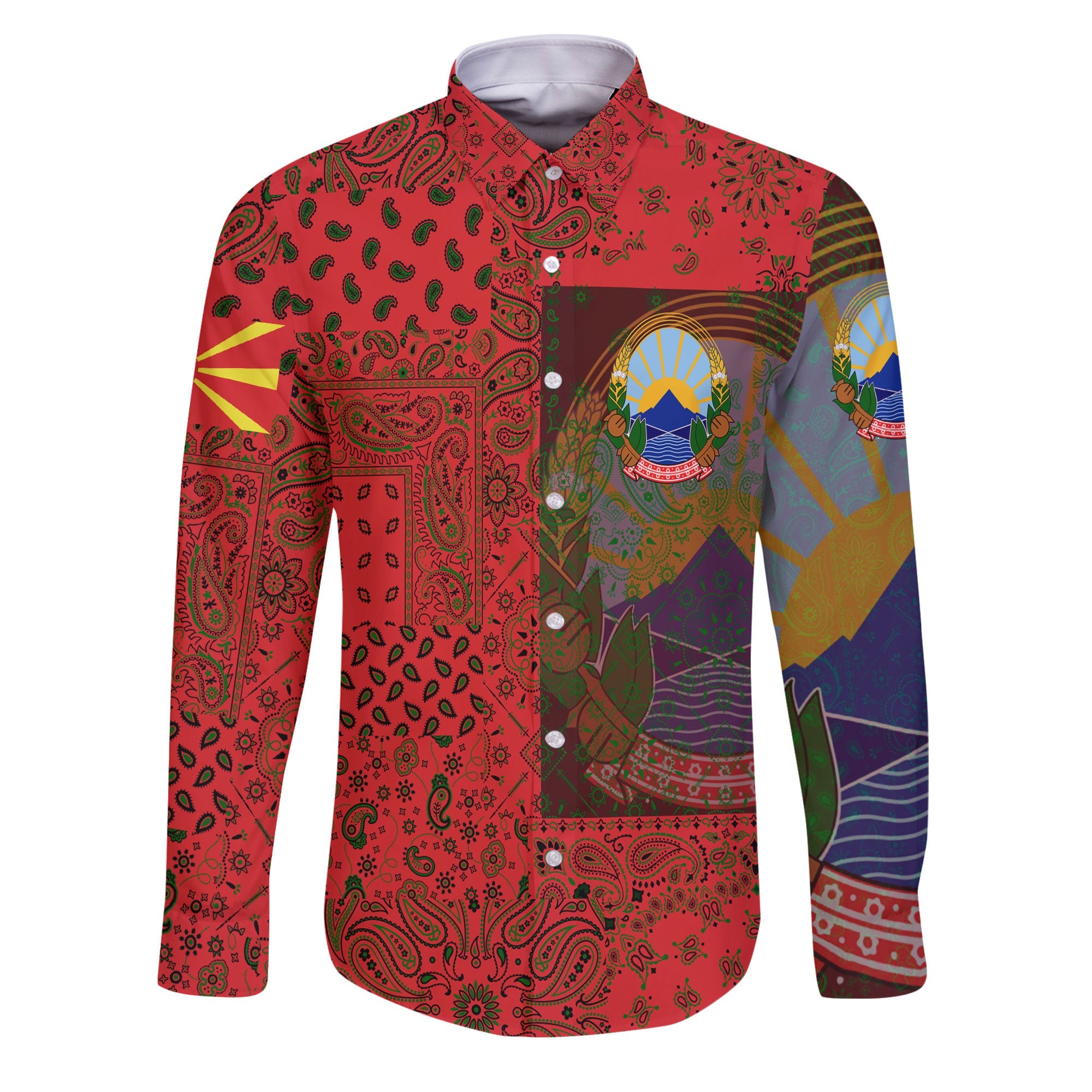 North Macedonia Long Sleeve Button Shirt Paisley Flag And Skull Style 1