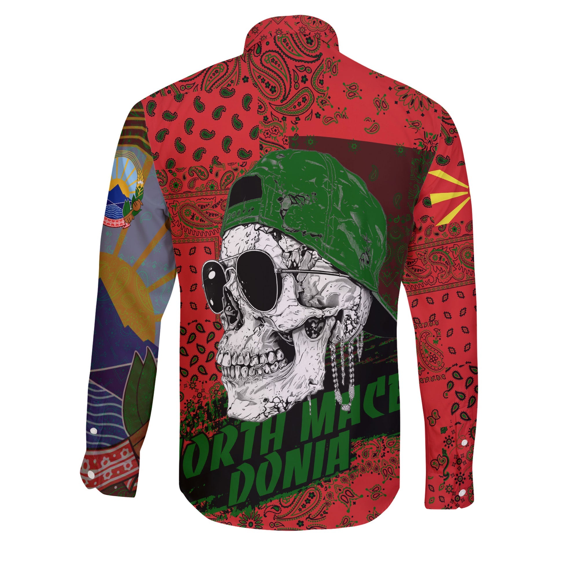 North Macedonia Long Sleeve Button Shirt Paisley Flag And Skull Style 2