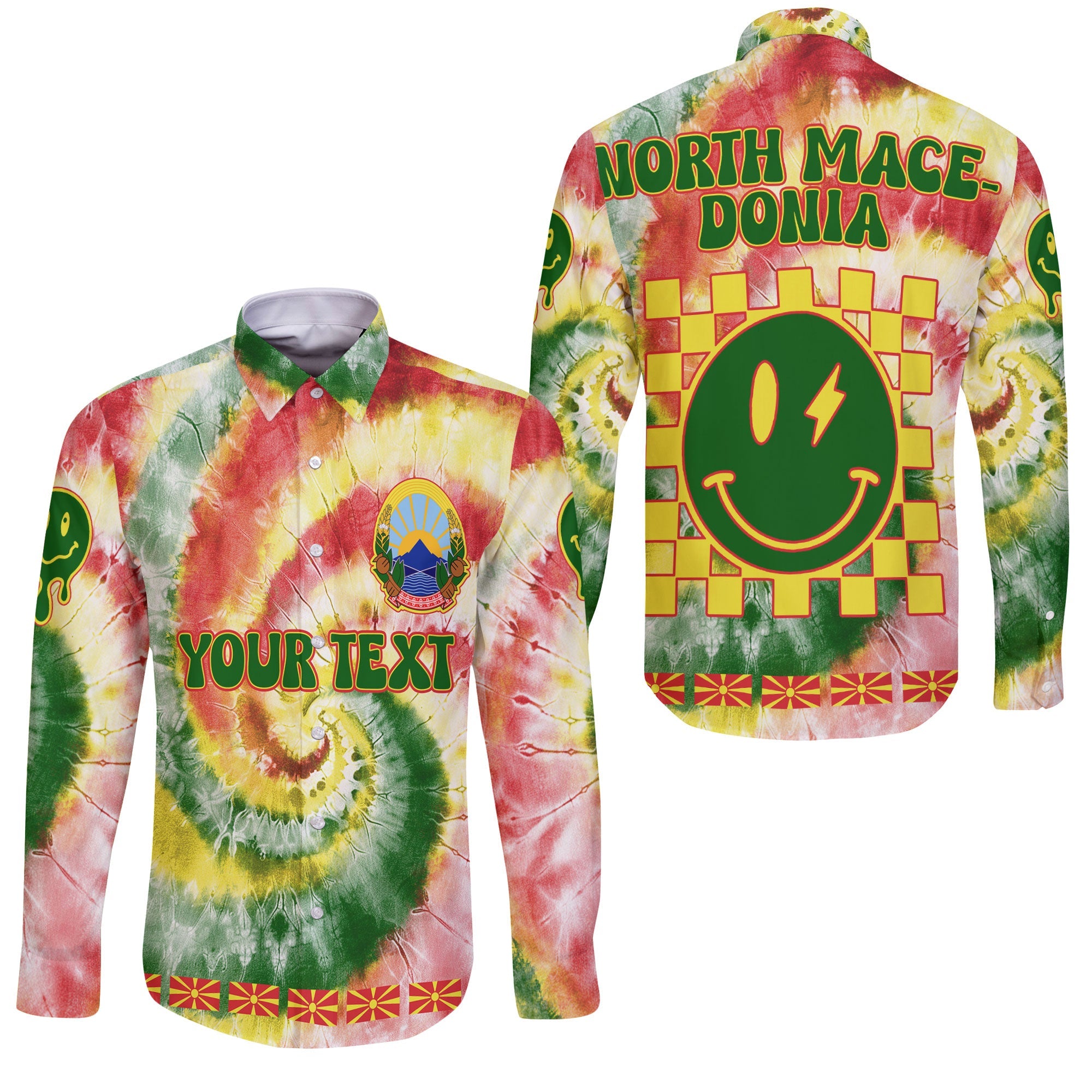 North Macedonia Long Sleeve Button Shirt Custom Tie Dye Style 3