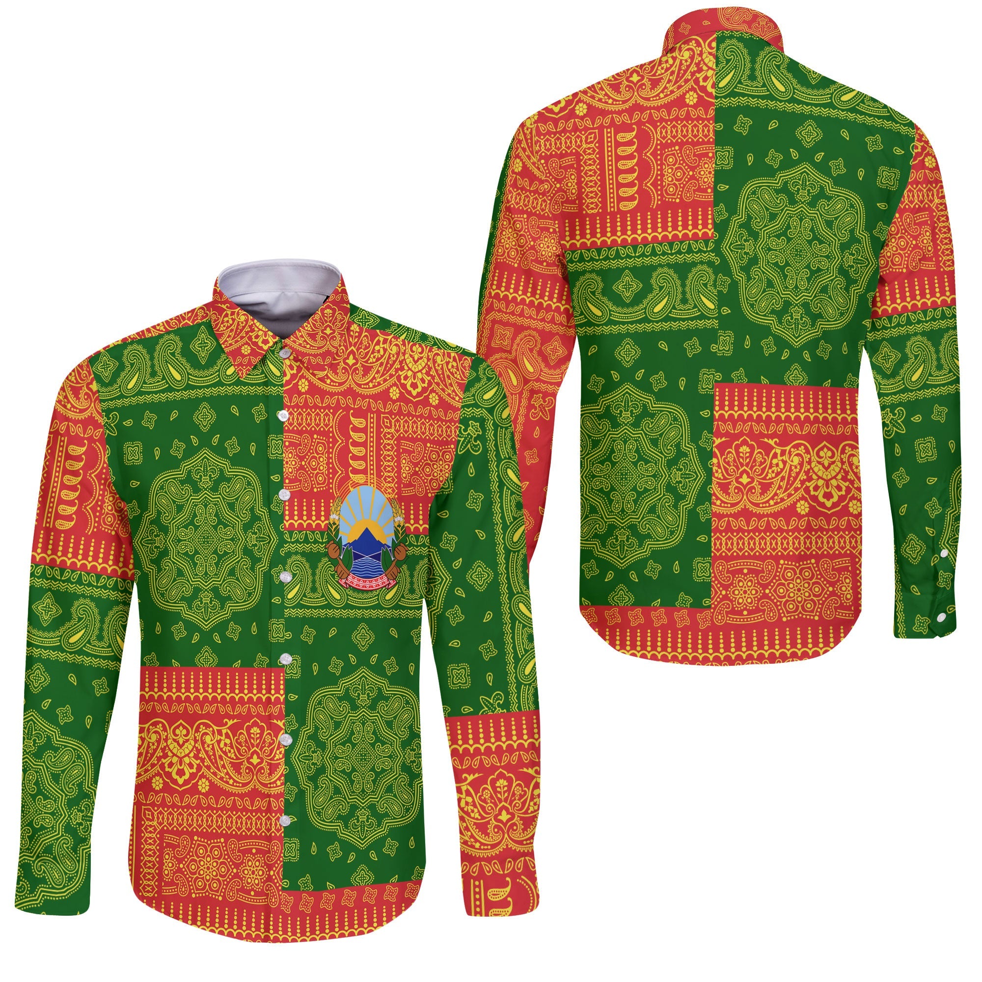 North Macedonia Long Sleeve Button Shirt Flag And Paisley Basic Style 3