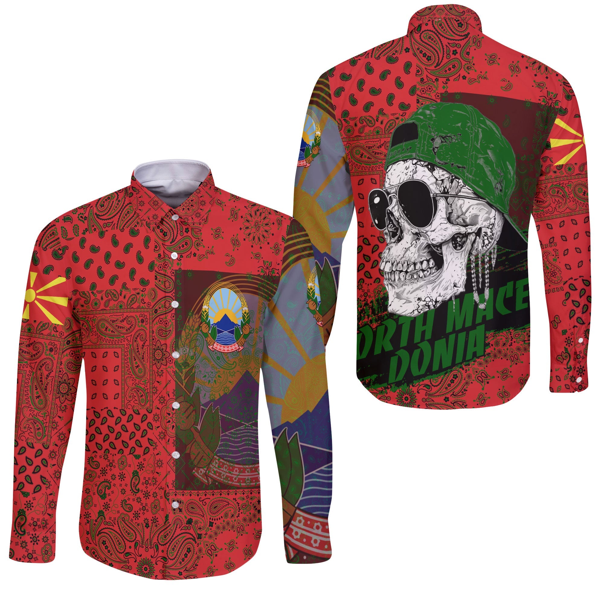 North Macedonia Long Sleeve Button Shirt Paisley Flag And Skull Style 3