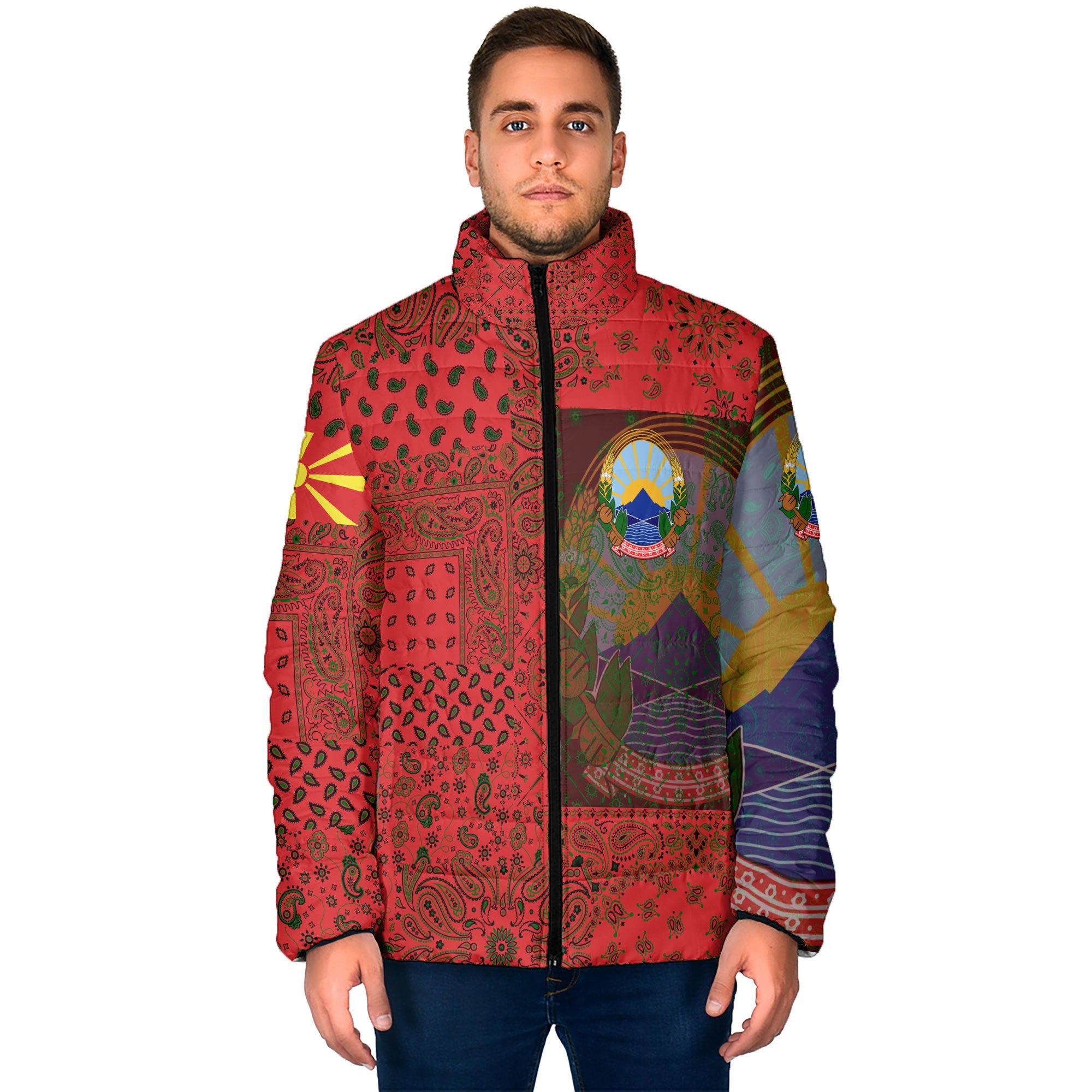 North Macedonia Men Padded Jacket Paisley Flag And Skull Style 1