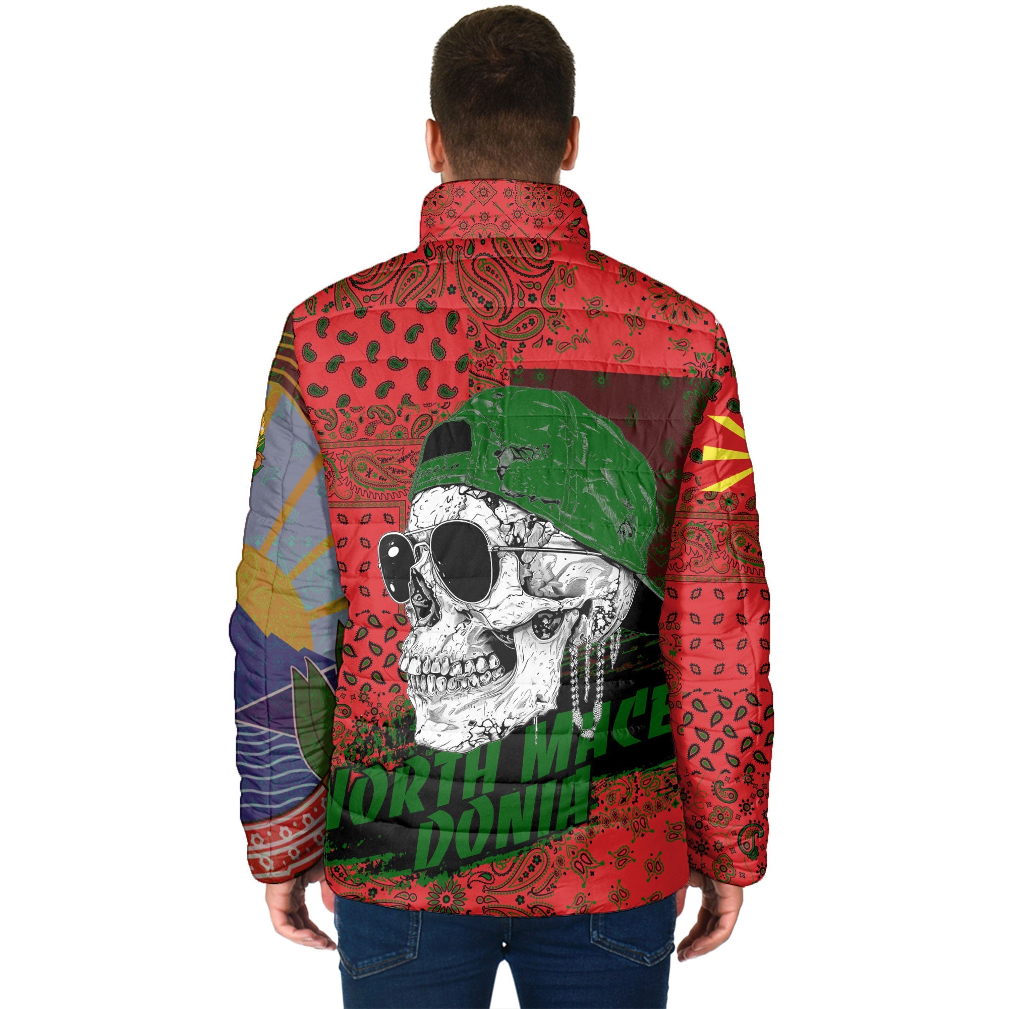 North Macedonia Men Padded Jacket Paisley Flag And Skull Style 2